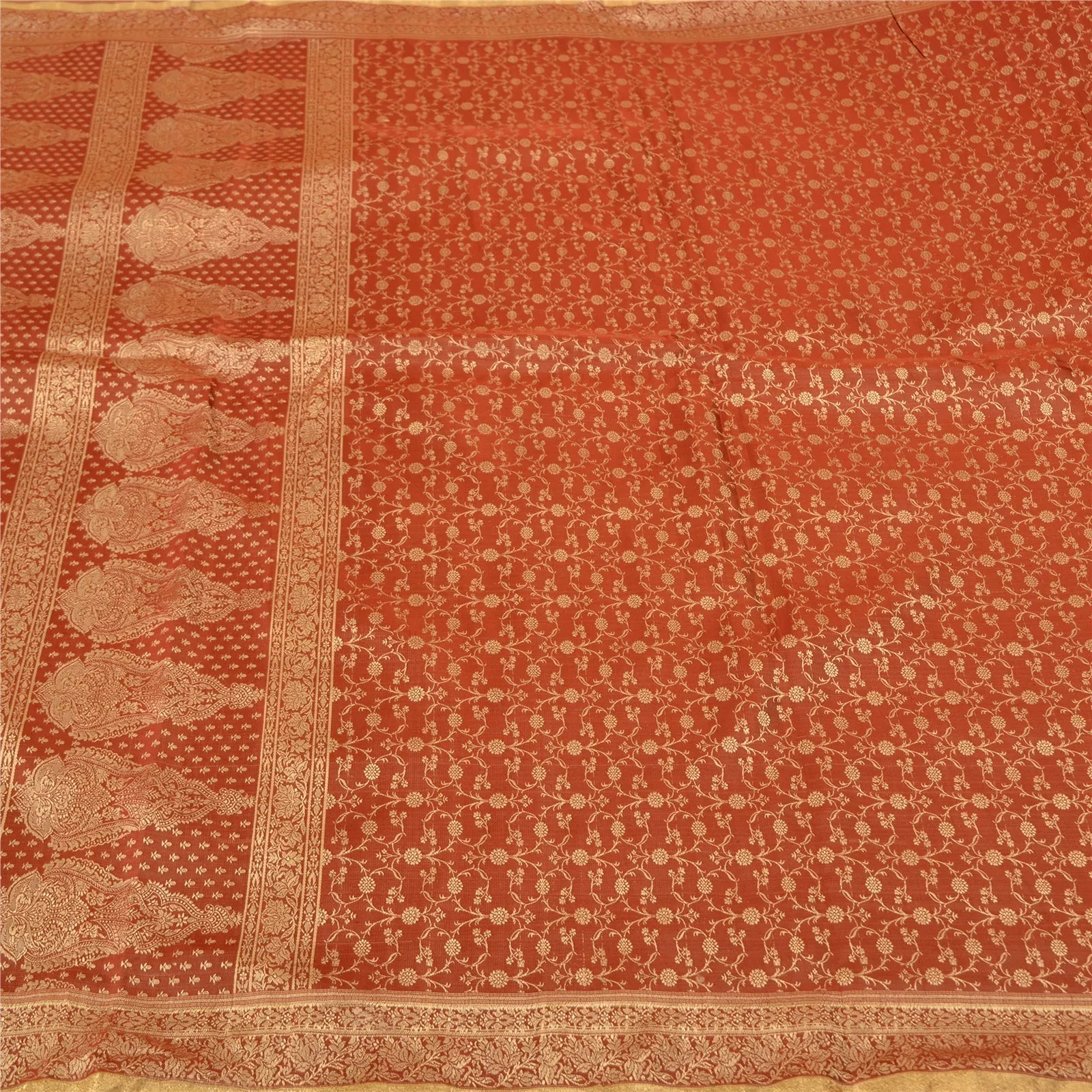 Sanskriti Vintage Rusty Orange Indian Sarees Pure Satin Silk Woven Sari Fabric