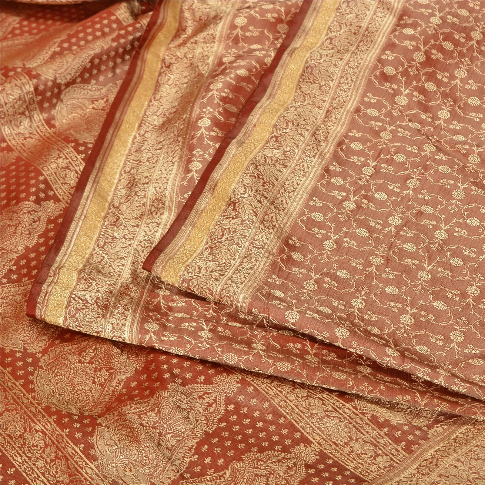 Sanskriti Vintage Rusty Orange Indian Sarees Pure Satin Silk Woven Sari Fabric