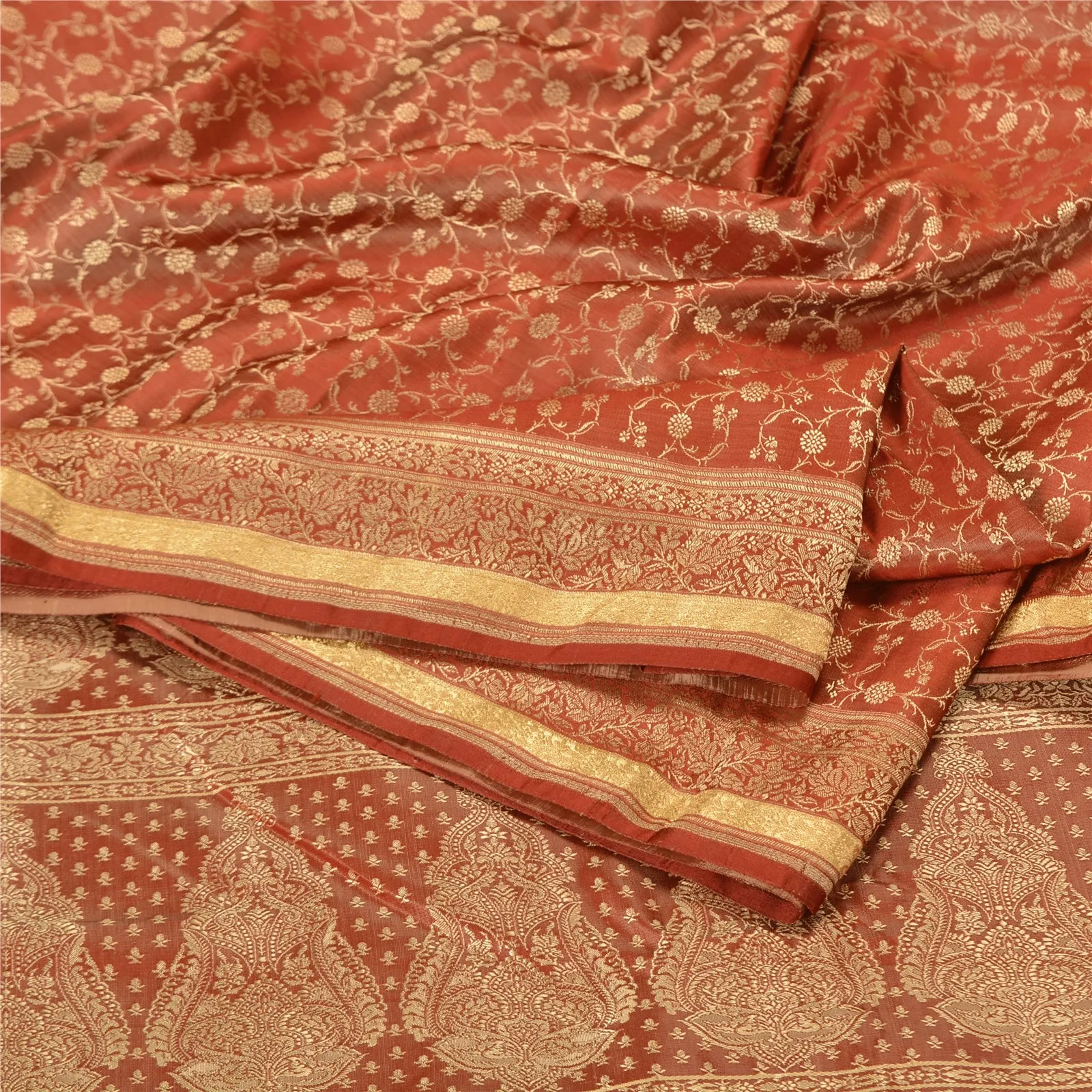 Sanskriti Vintage Rusty Orange Indian Sarees Pure Satin Silk Woven Sari Fabric