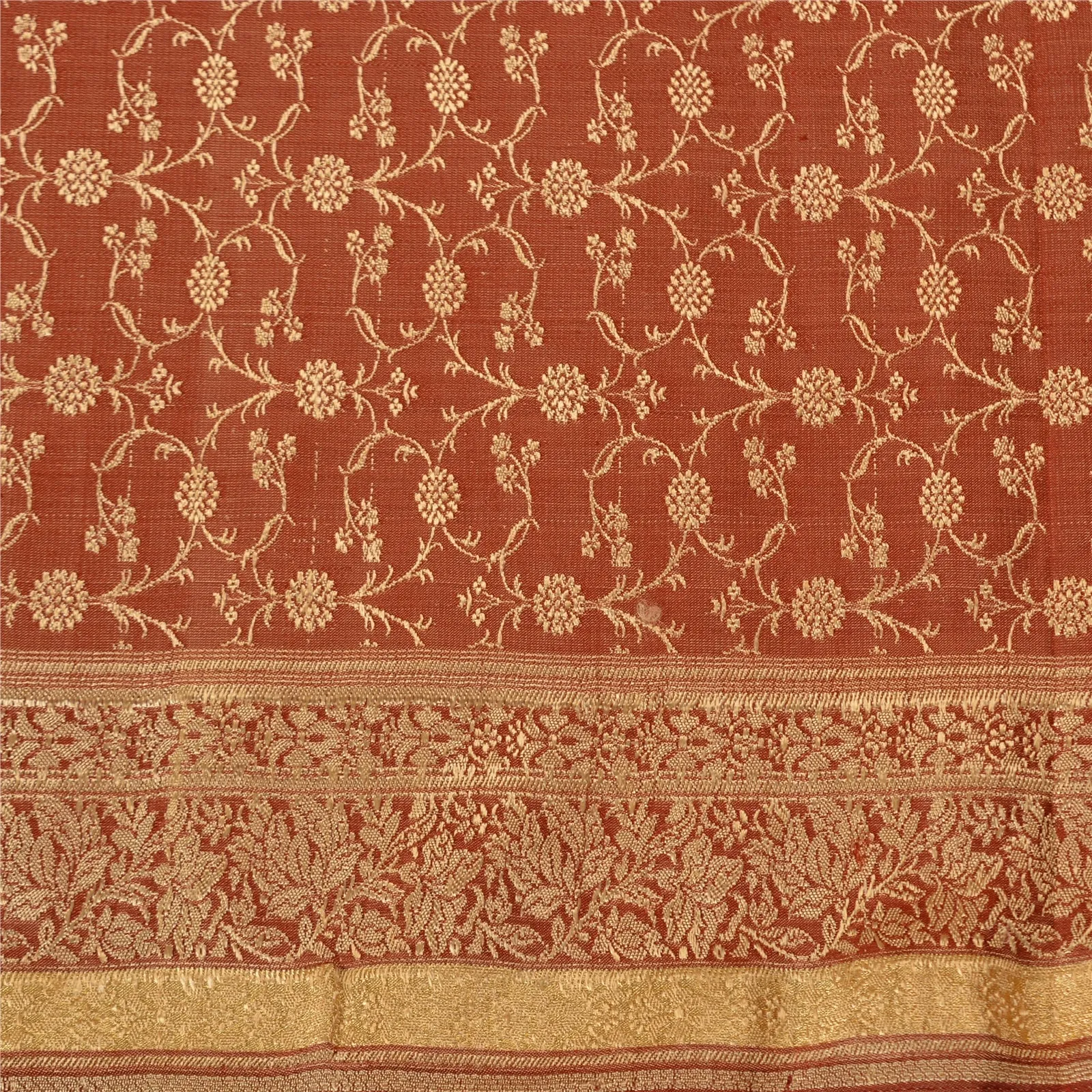 Sanskriti Vintage Rusty Orange Indian Sarees Pure Satin Silk Woven Sari Fabric