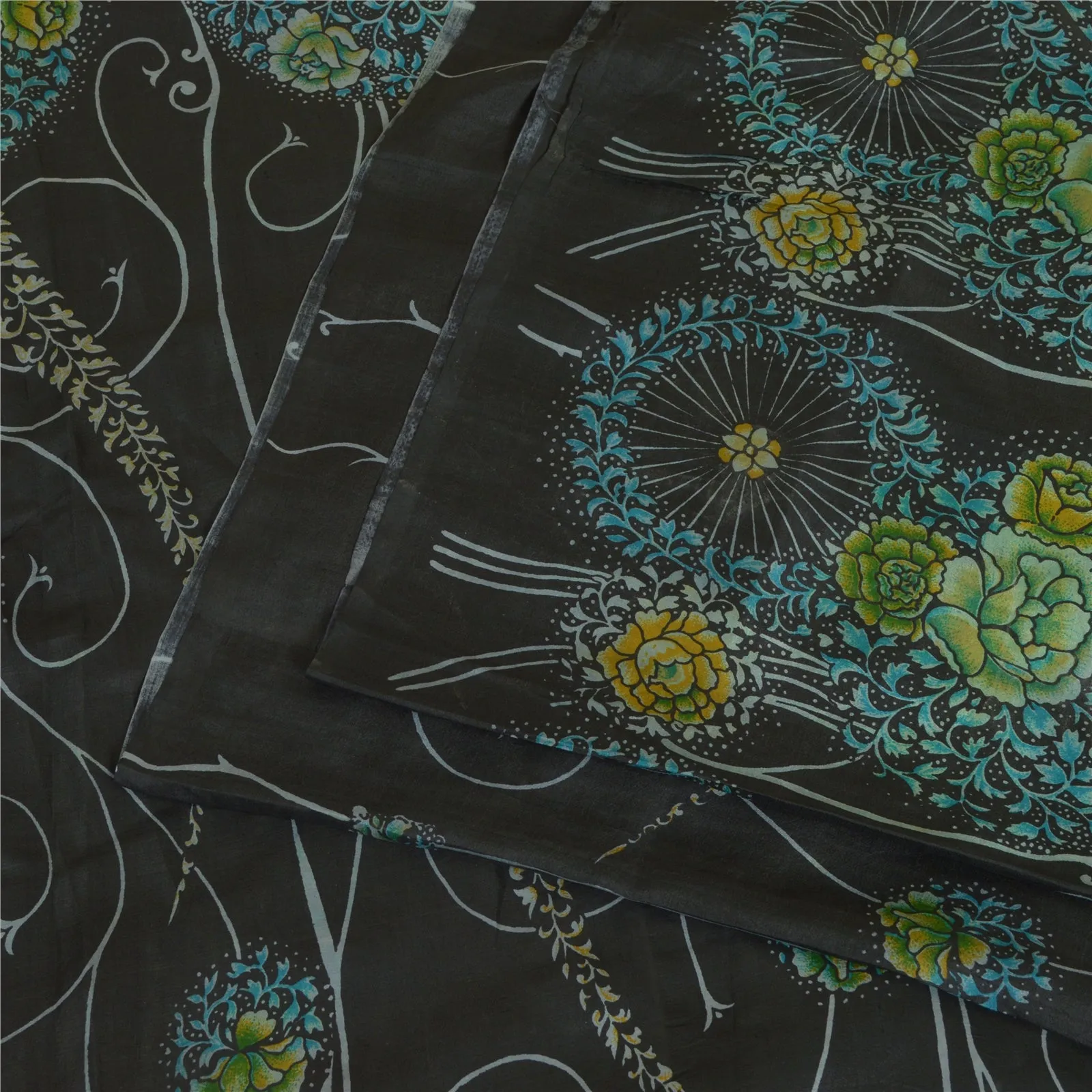 Sanskriti Vintage Sarees Black 100% Pure Silk Printed Sari Floral Craft Fabric