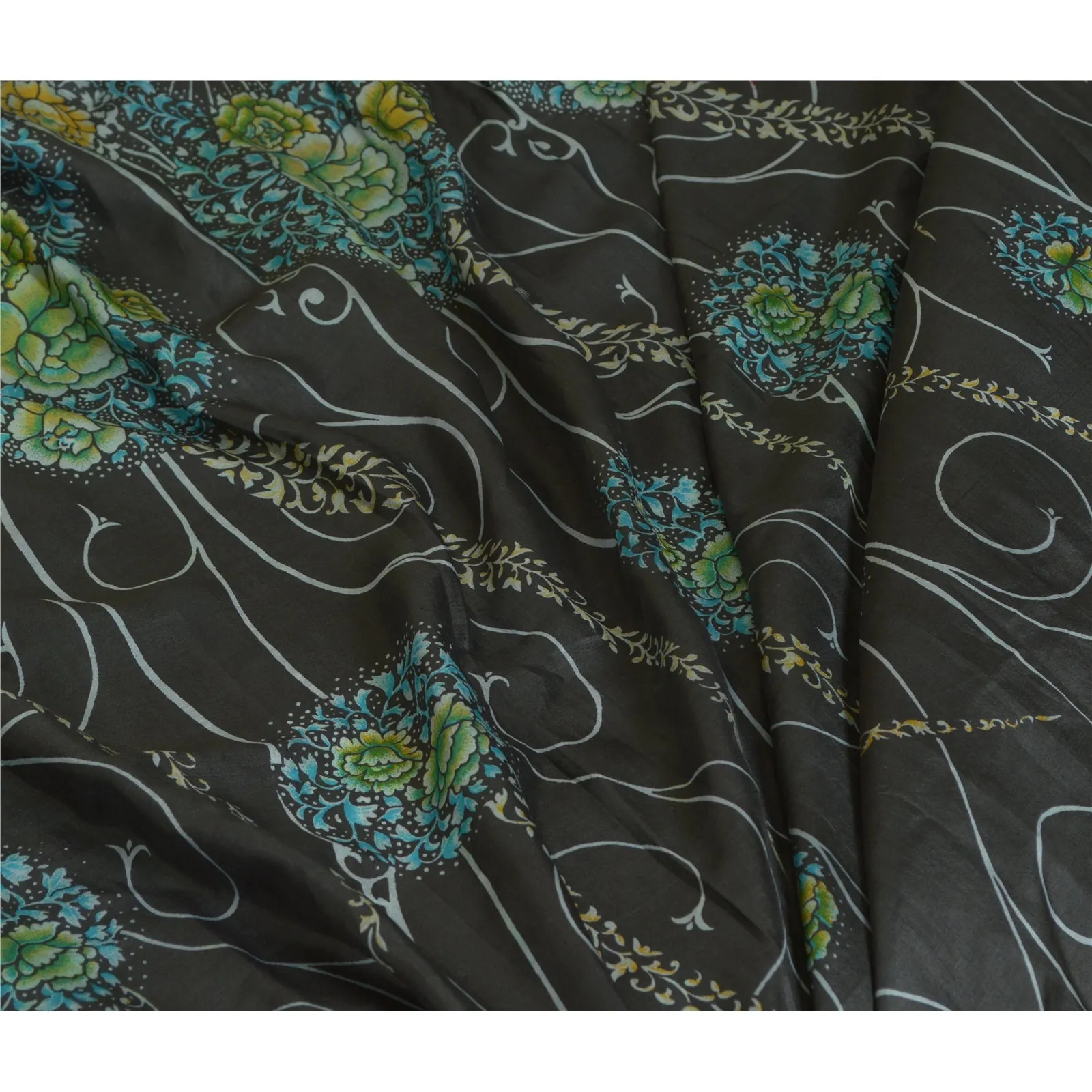 Sanskriti Vintage Sarees Black 100% Pure Silk Printed Sari Floral Craft Fabric