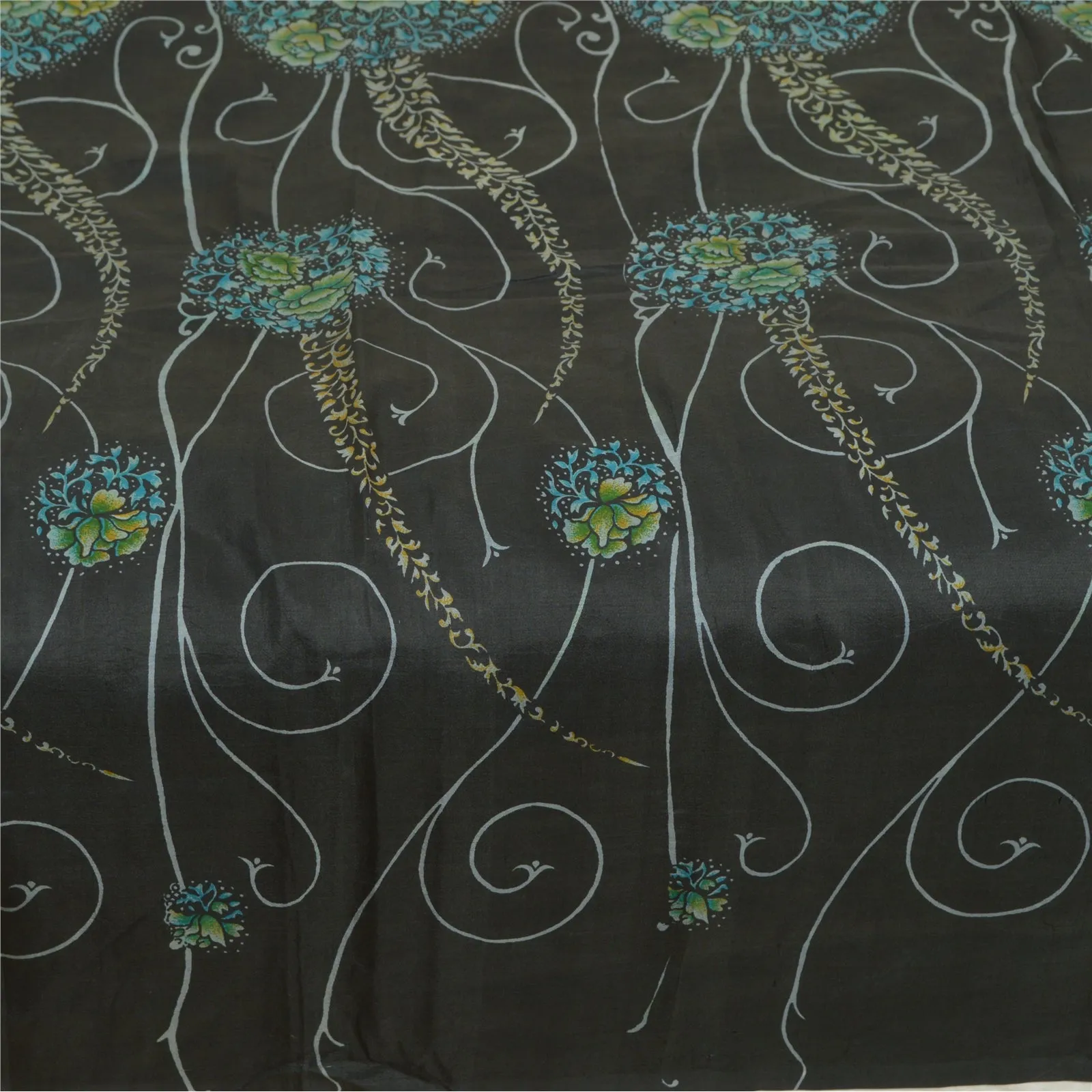 Sanskriti Vintage Sarees Black 100% Pure Silk Printed Sari Floral Craft Fabric