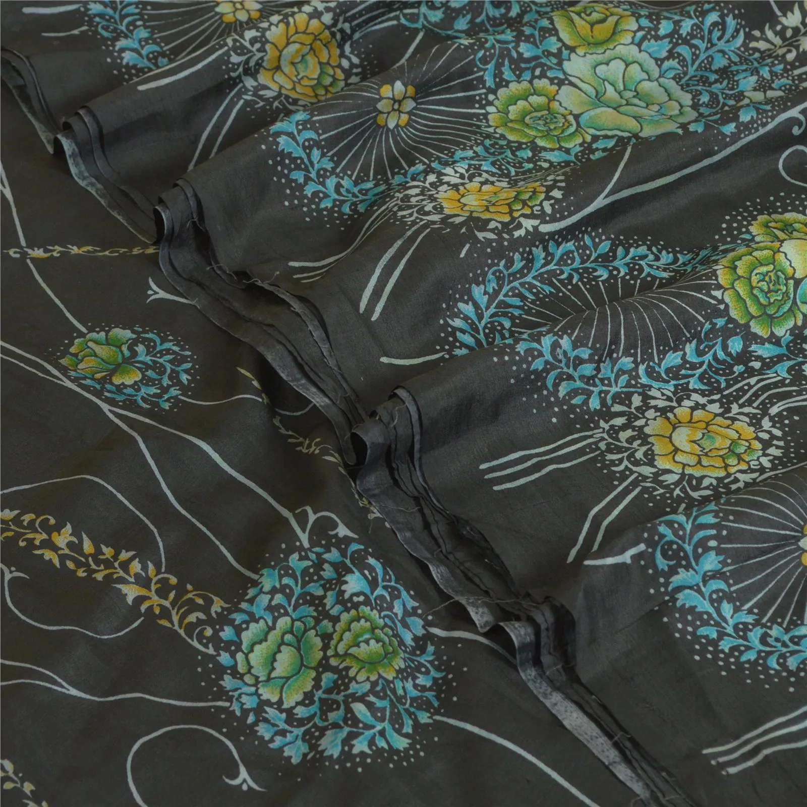 Sanskriti Vintage Sarees Black 100% Pure Silk Printed Sari Floral Craft Fabric