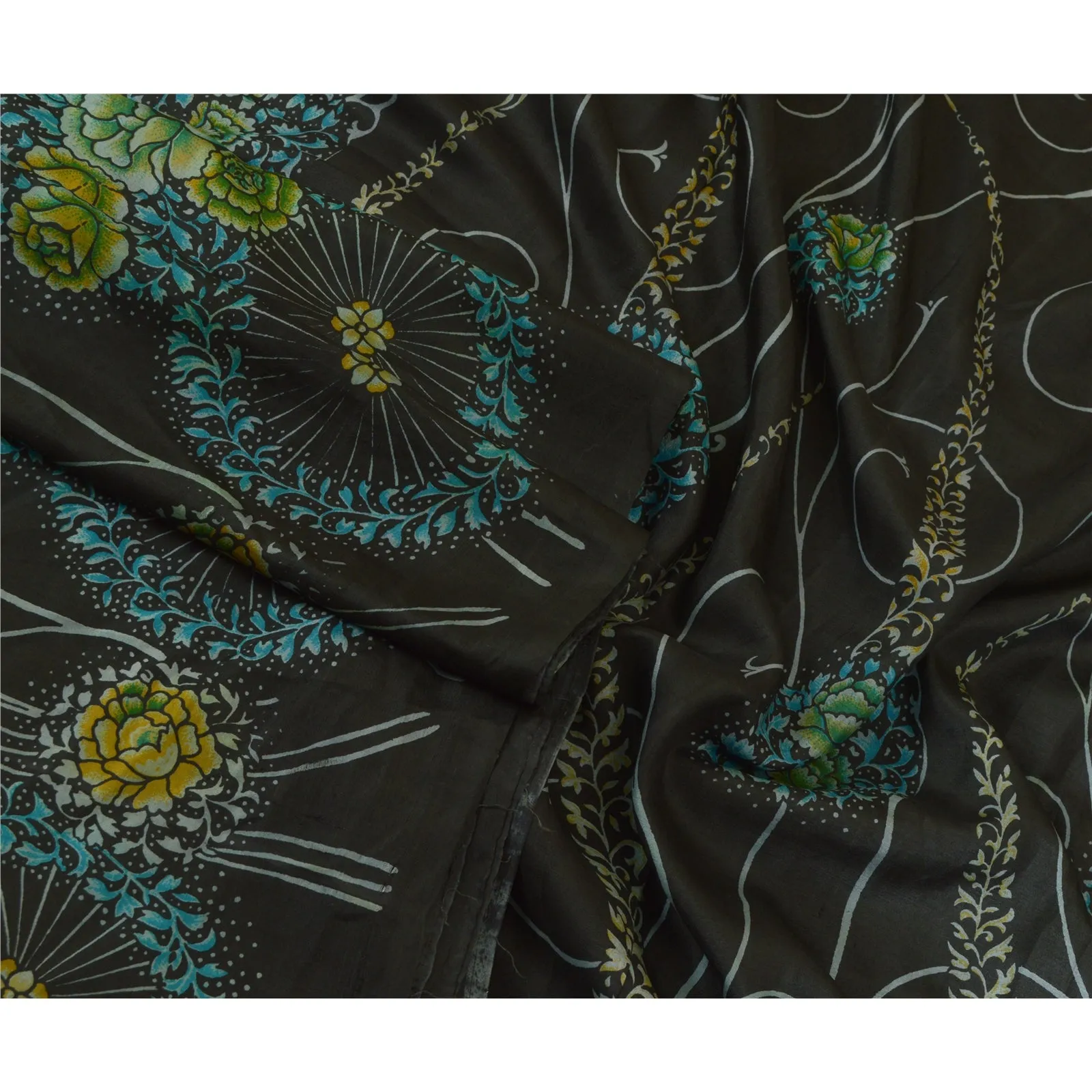 Sanskriti Vintage Sarees Black 100% Pure Silk Printed Sari Floral Craft Fabric