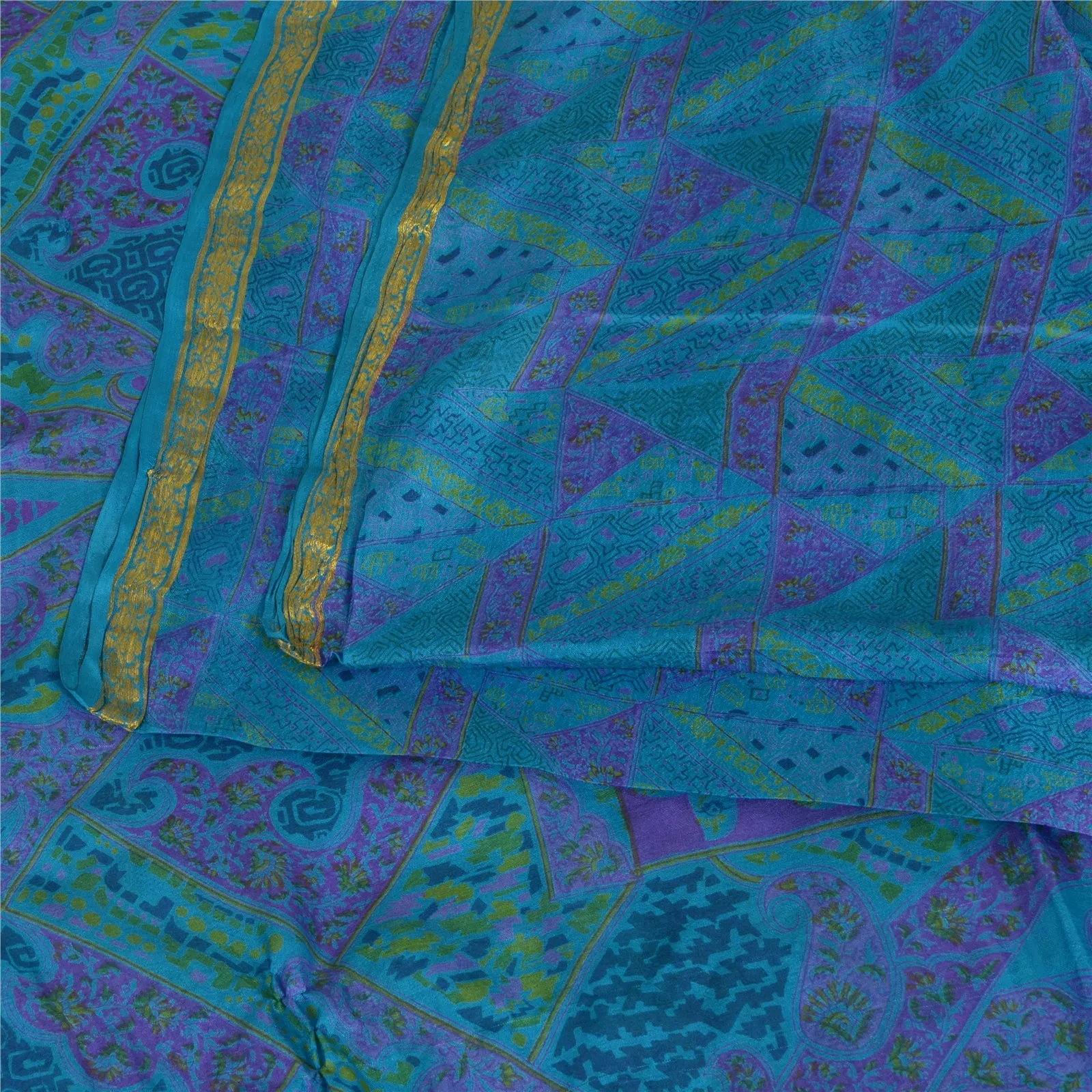 Sanskriti Vintage Sarees Blue Zari Border Pure Silk Printed Sari Craft Fabric