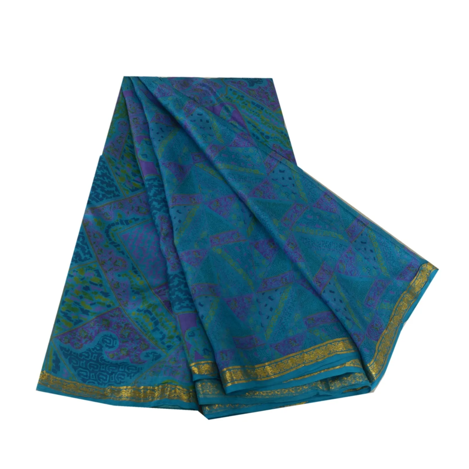 Sanskriti Vintage Sarees Blue Zari Border Pure Silk Printed Sari Craft Fabric