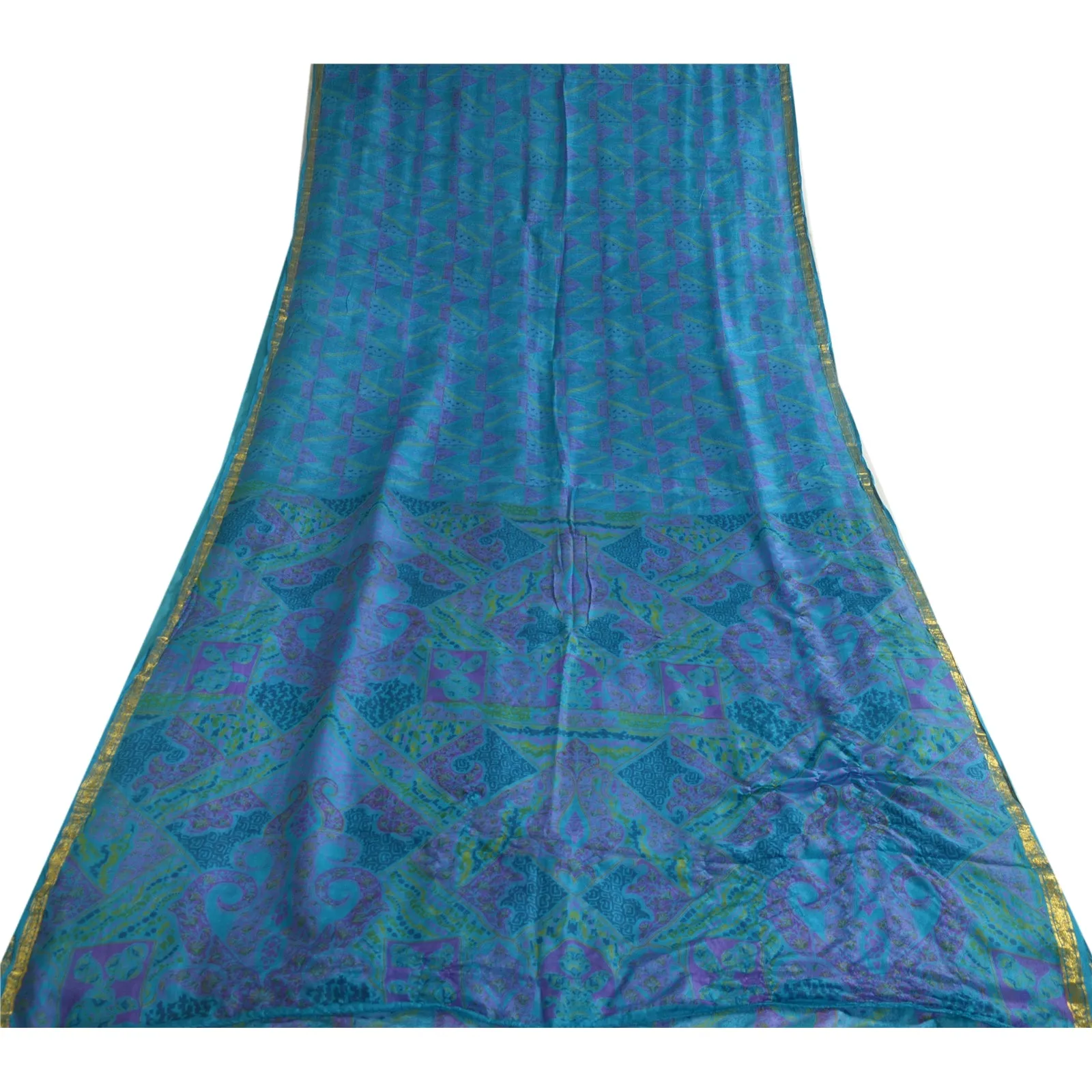 Sanskriti Vintage Sarees Blue Zari Border Pure Silk Printed Sari Craft Fabric