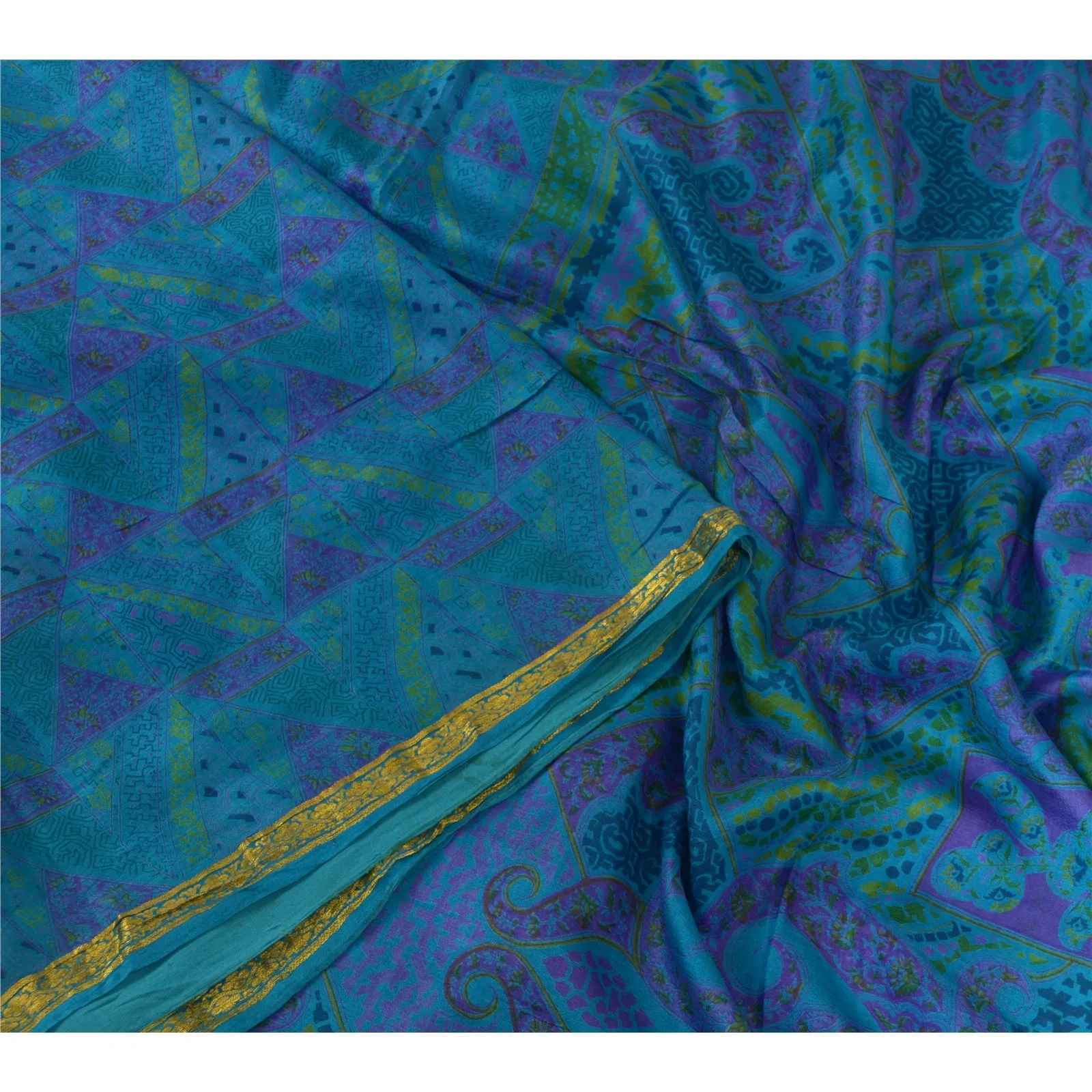 Sanskriti Vintage Sarees Blue Zari Border Pure Silk Printed Sari Craft Fabric