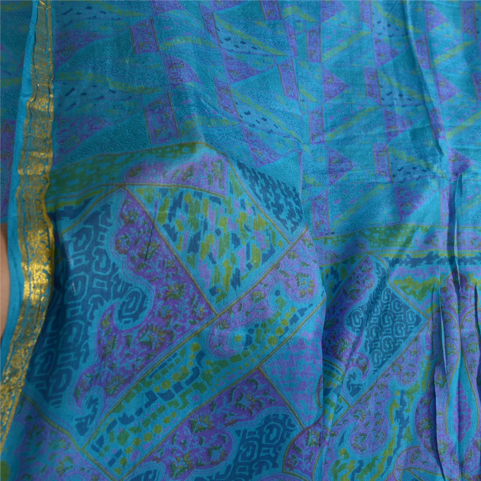 Sanskriti Vintage Sarees Blue Zari Border Pure Silk Printed Sari Craft Fabric