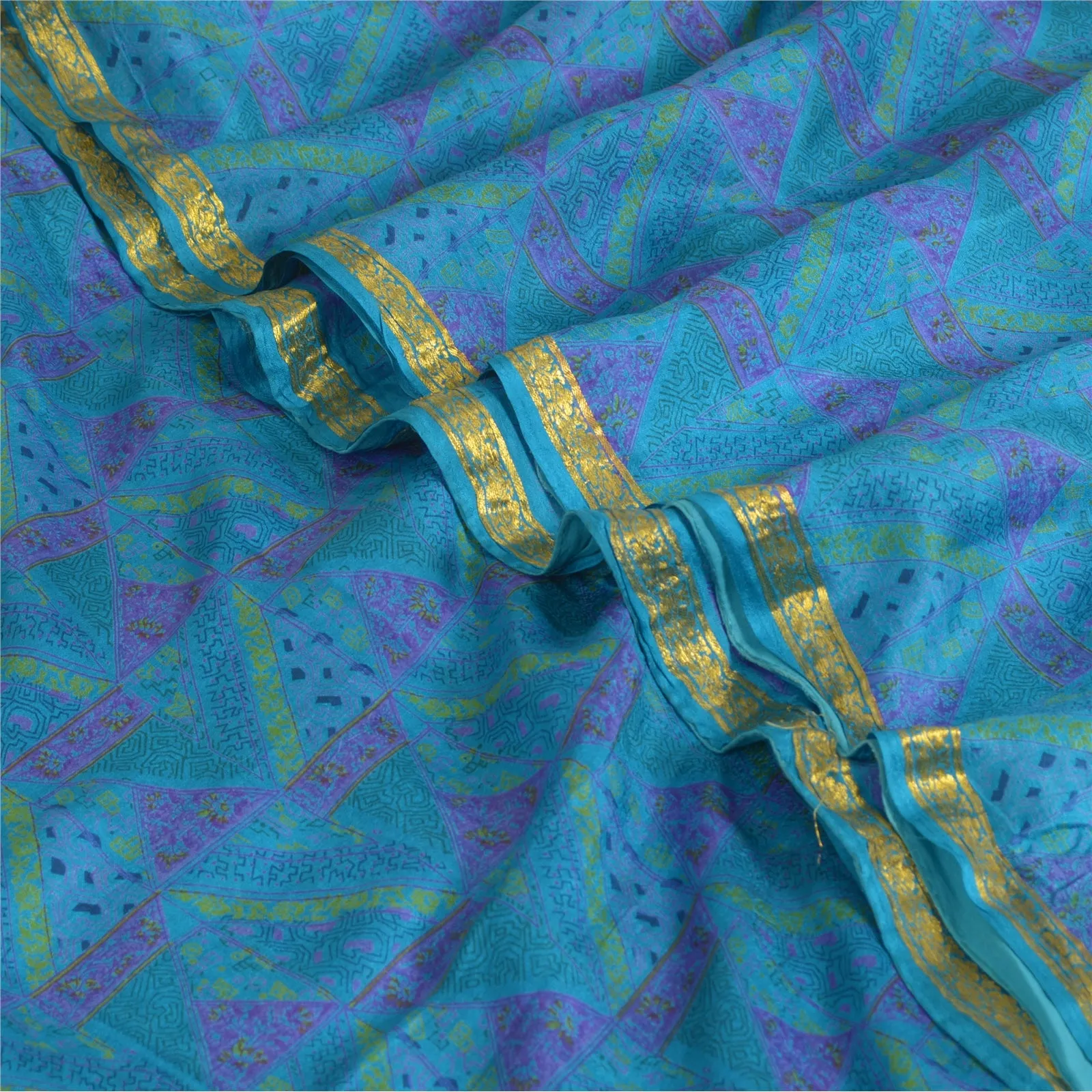 Sanskriti Vintage Sarees Blue Zari Border Pure Silk Printed Sari Craft Fabric