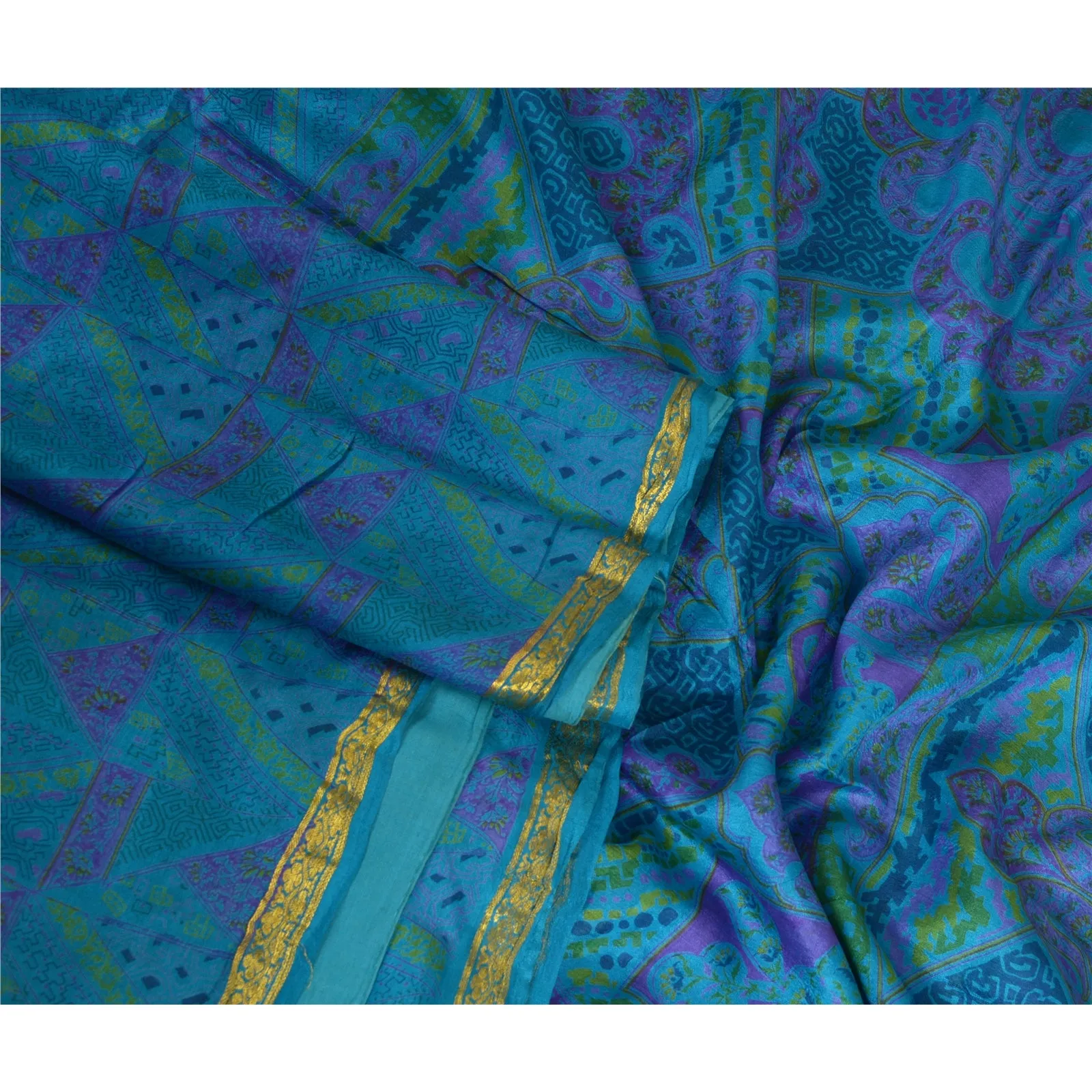 Sanskriti Vintage Sarees Blue Zari Border Pure Silk Printed Sari Craft Fabric