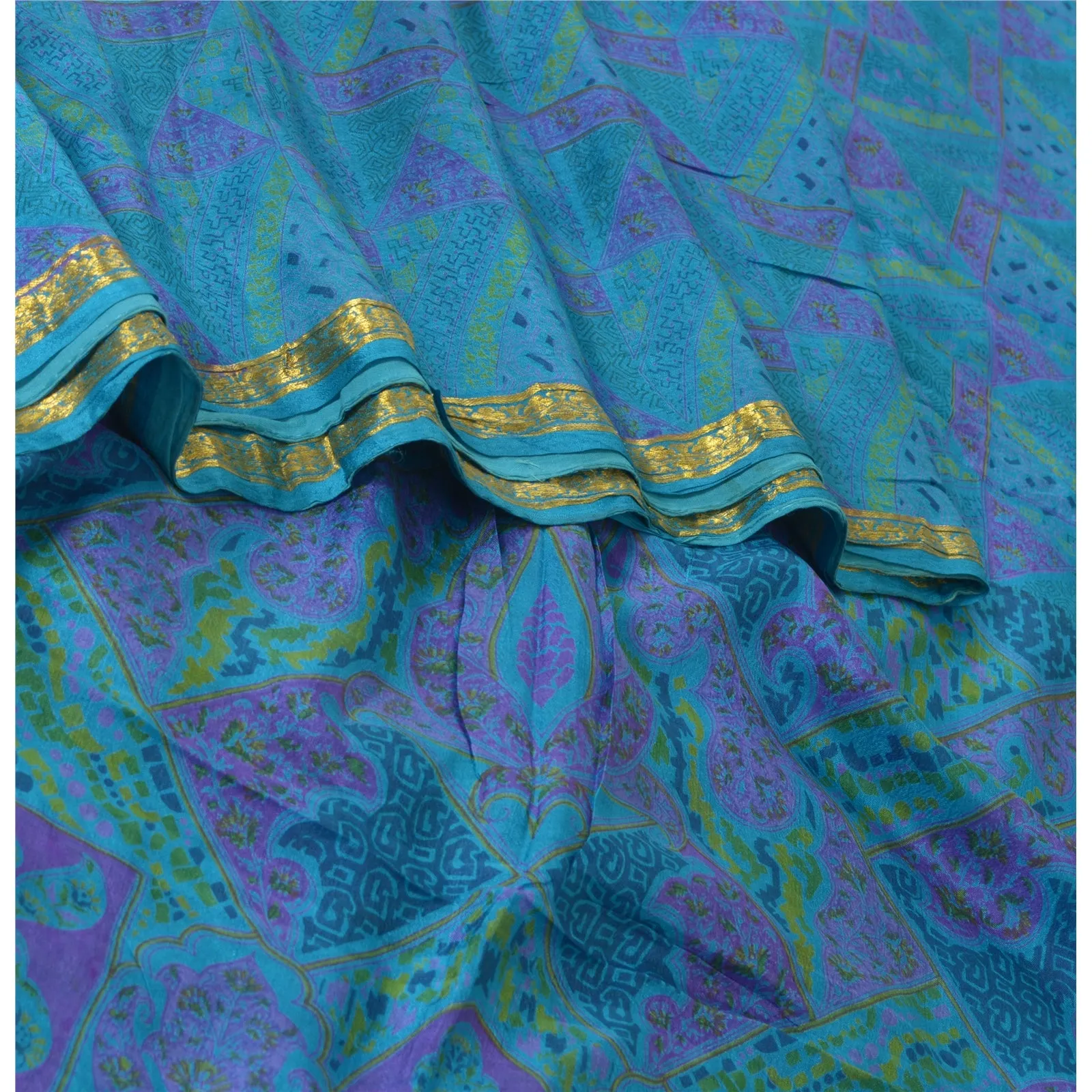 Sanskriti Vintage Sarees Blue Zari Border Pure Silk Printed Sari Craft Fabric