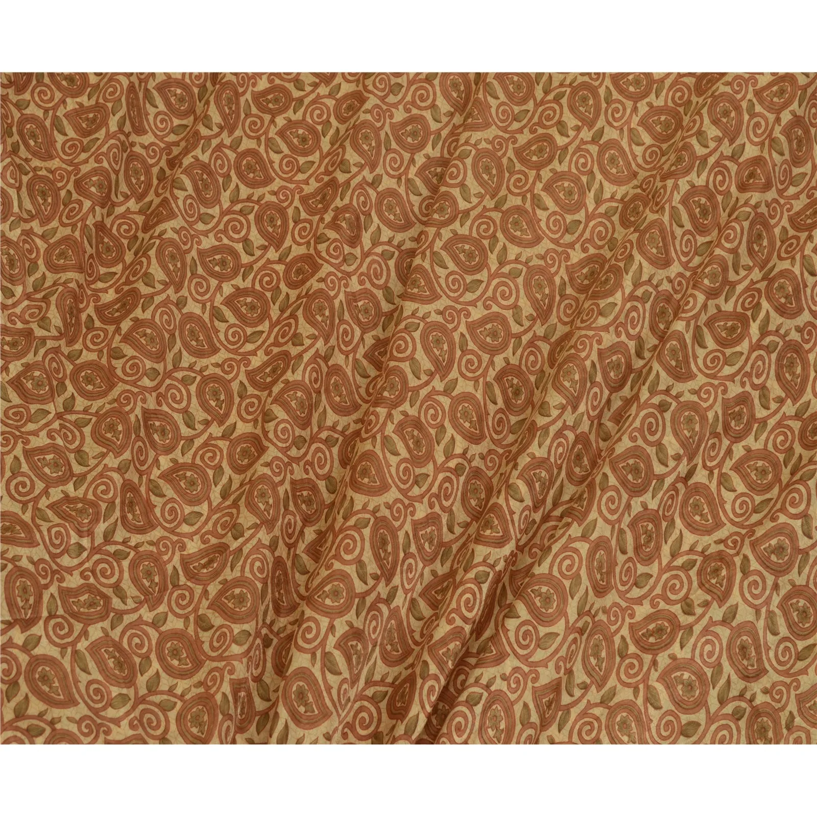 Sanskriti Vintage Sarees Brown Printed 100% Pure Silk Sari 5yd Soft Craft Fabric