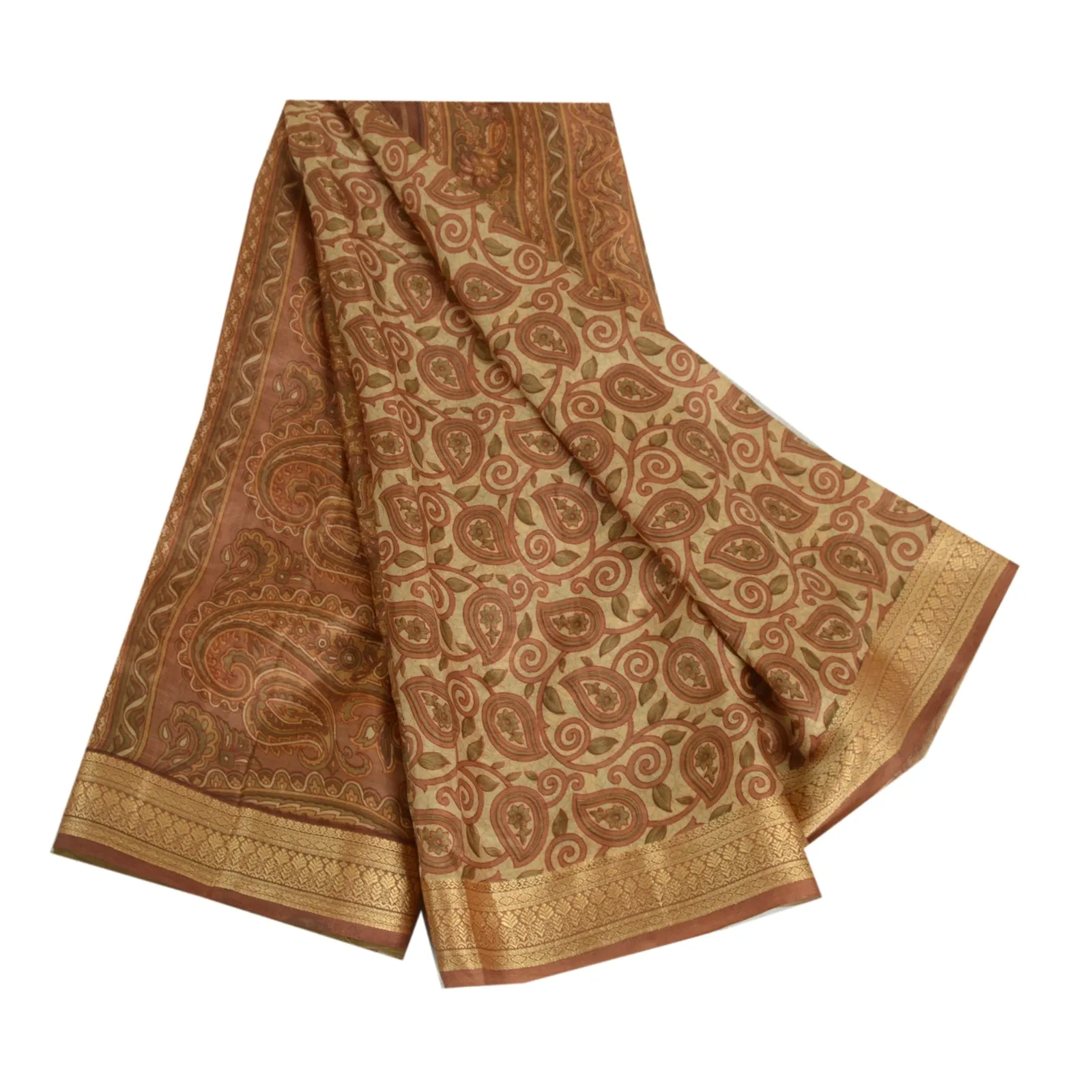 Sanskriti Vintage Sarees Brown Printed 100% Pure Silk Sari 5yd Soft Craft Fabric