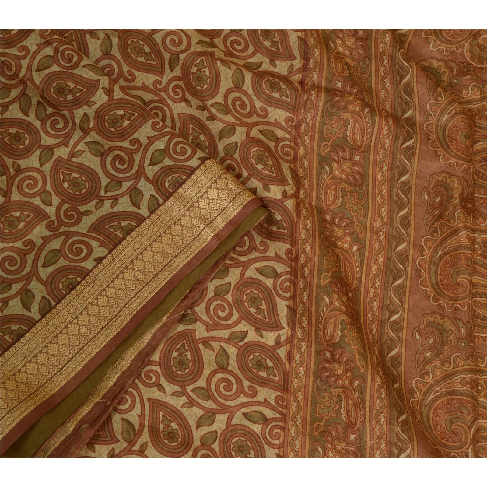 Sanskriti Vintage Sarees Brown Printed 100% Pure Silk Sari 5yd Soft Craft Fabric