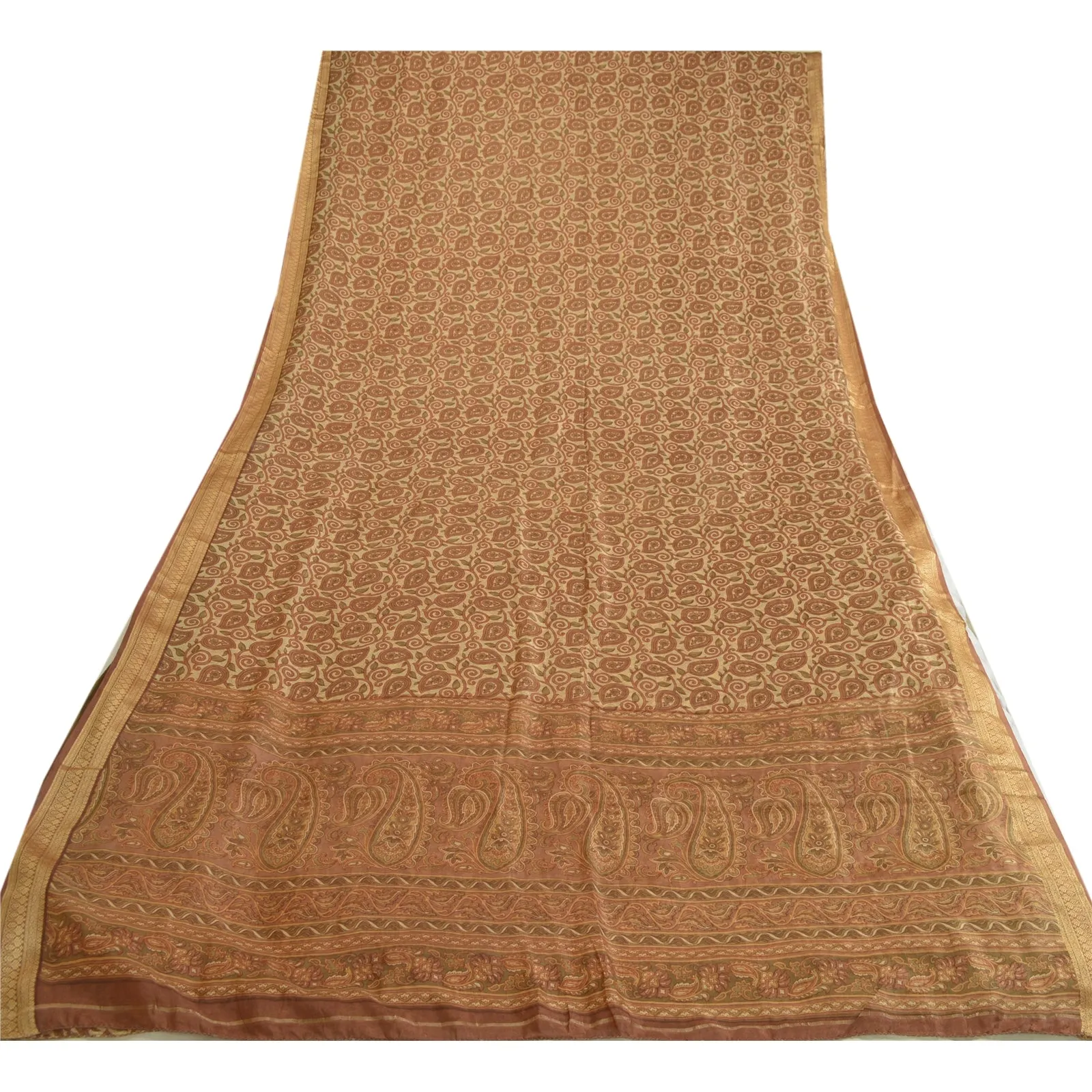 Sanskriti Vintage Sarees Brown Printed 100% Pure Silk Sari 5yd Soft Craft Fabric