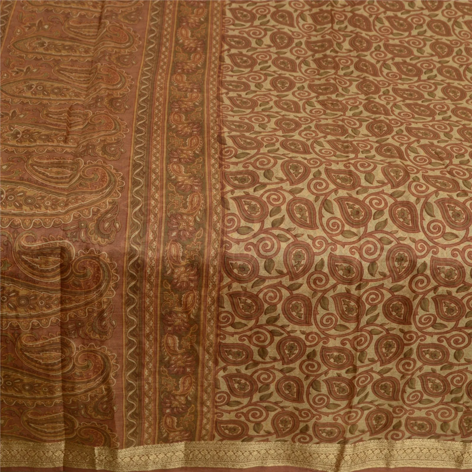 Sanskriti Vintage Sarees Brown Printed 100% Pure Silk Sari 5yd Soft Craft Fabric