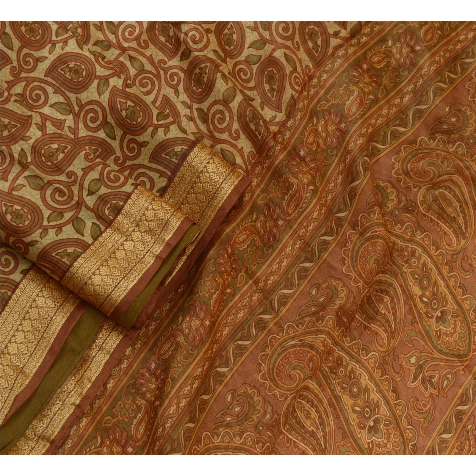 Sanskriti Vintage Sarees Brown Printed 100% Pure Silk Sari 5yd Soft Craft Fabric