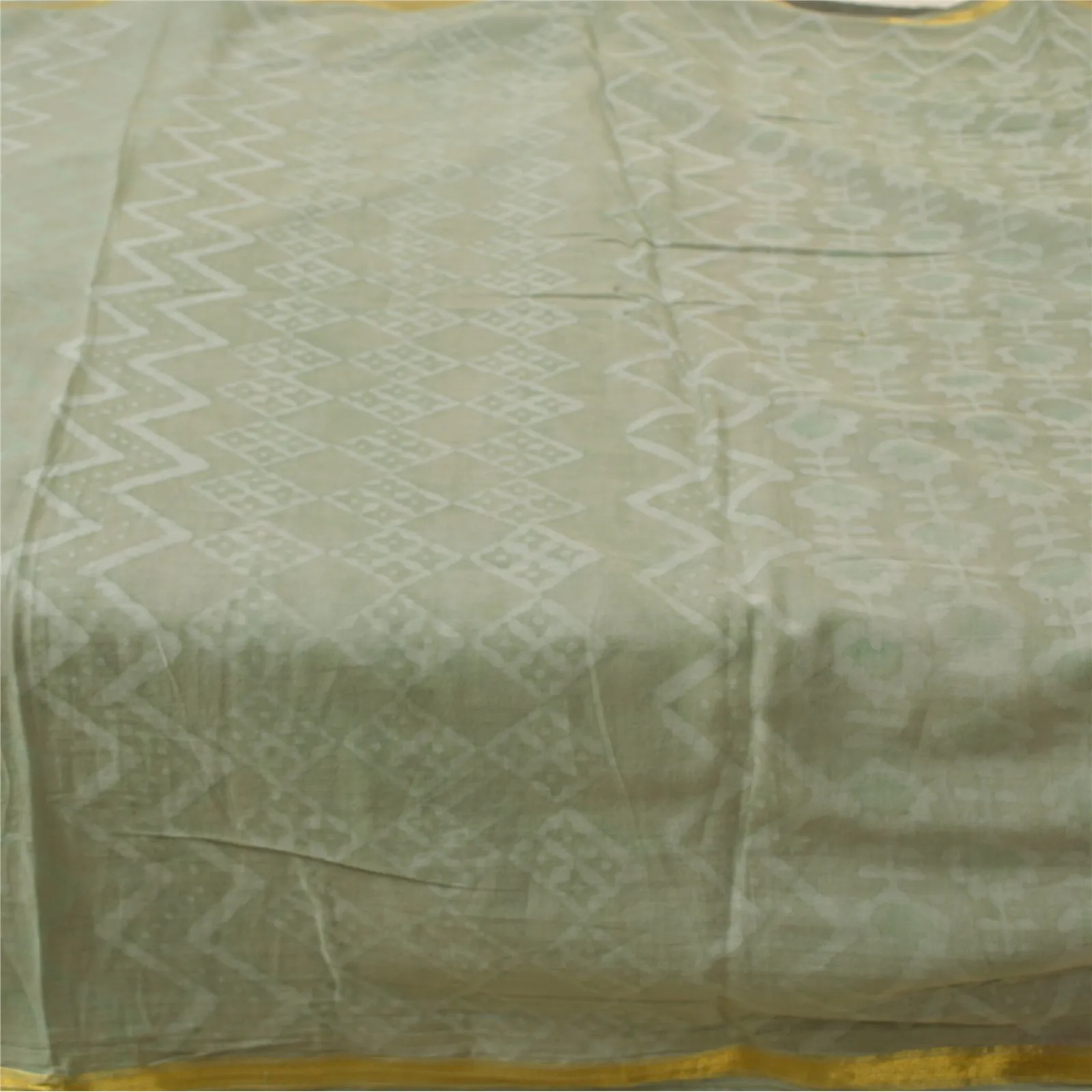 Sanskriti Vintage Sarees Gray Batik Work Zari Border Pure Cotton Sari 5yd Fabric