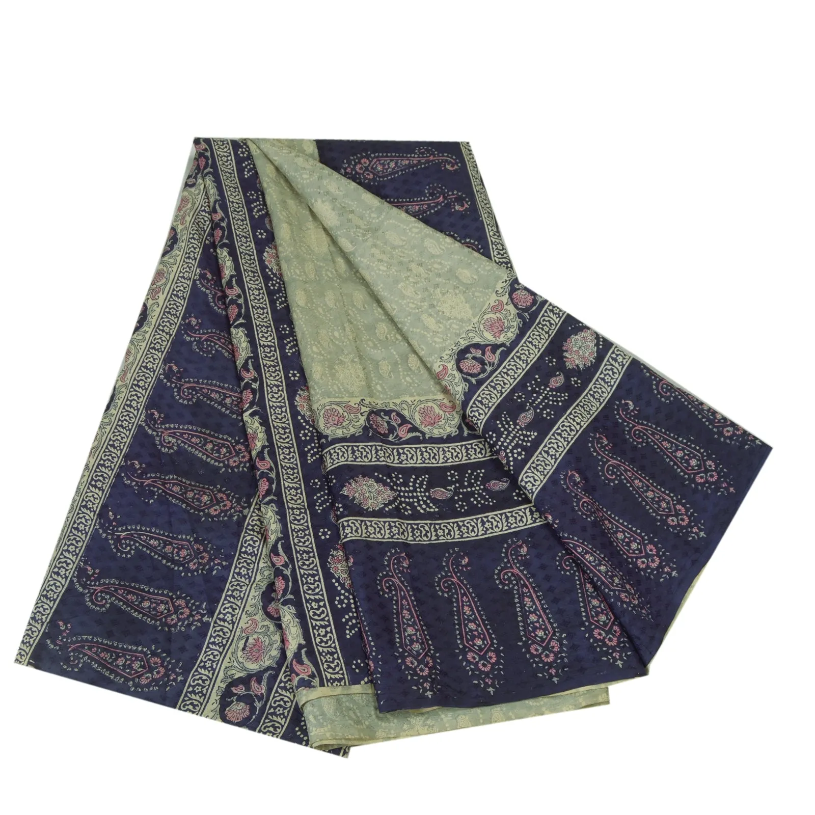 Sanskriti Vintage Sarees Gray/Blue 100% Pure Silk Printed Sari Soft Craft Fabric