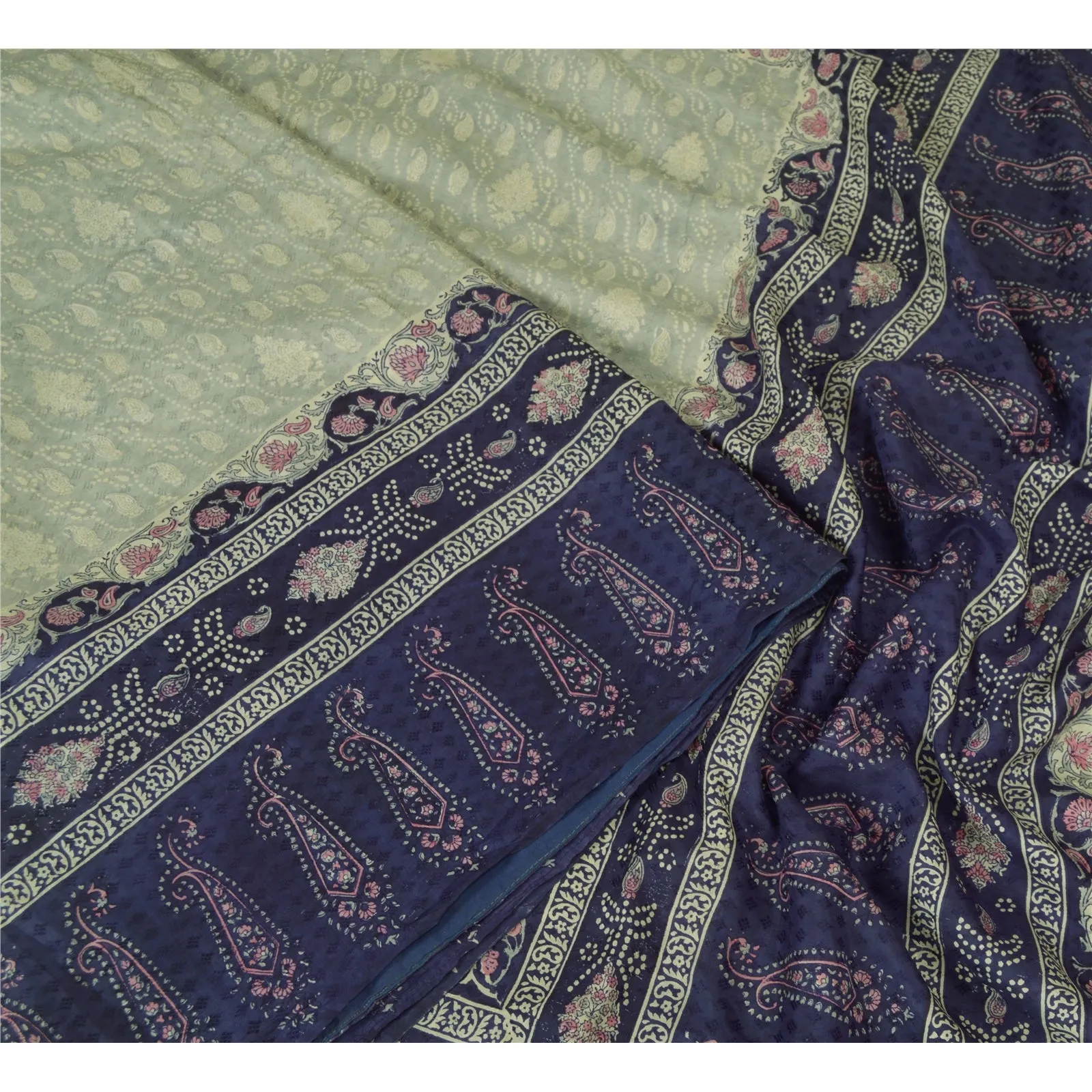 Sanskriti Vintage Sarees Gray/Blue 100% Pure Silk Printed Sari Soft Craft Fabric