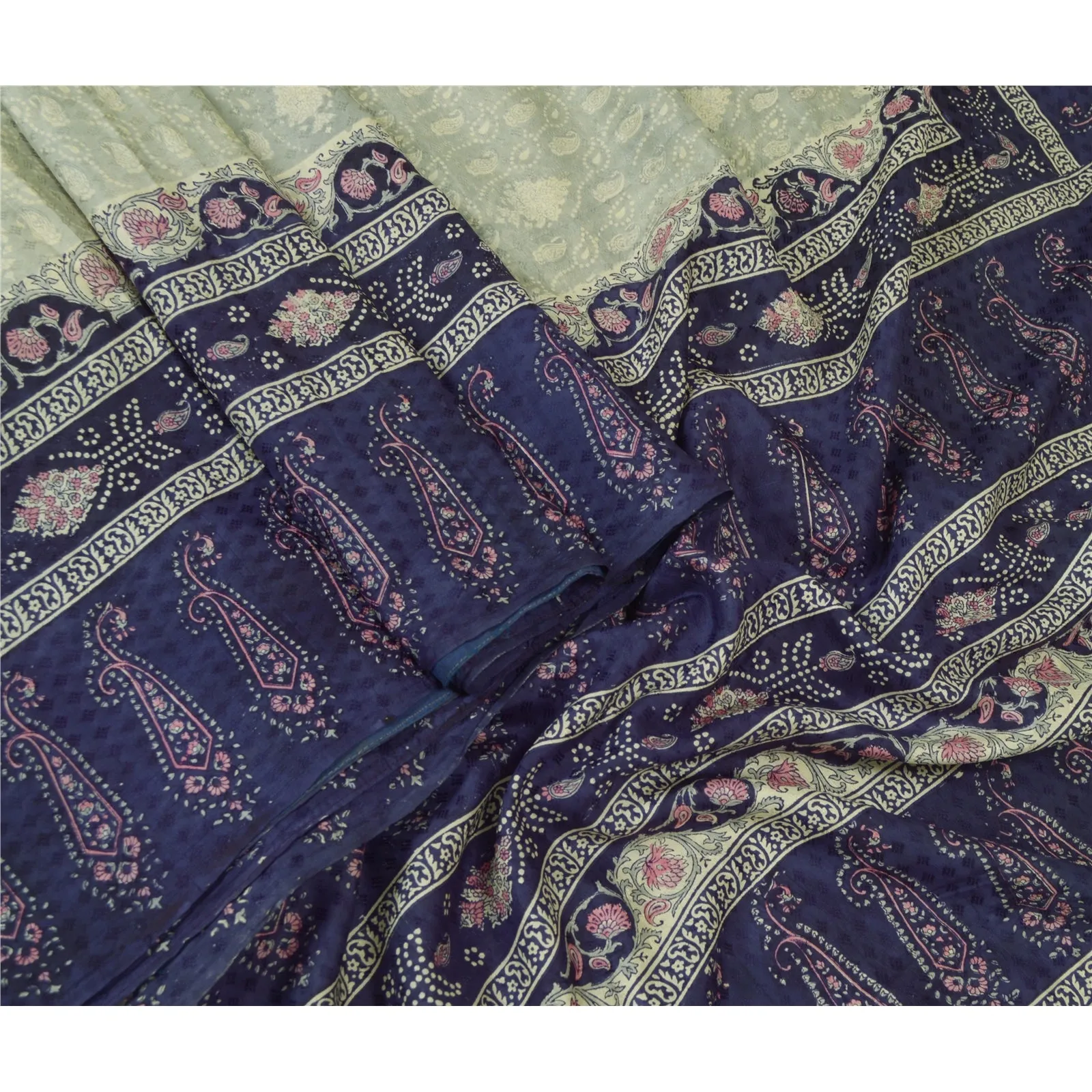 Sanskriti Vintage Sarees Gray/Blue 100% Pure Silk Printed Sari Soft Craft Fabric