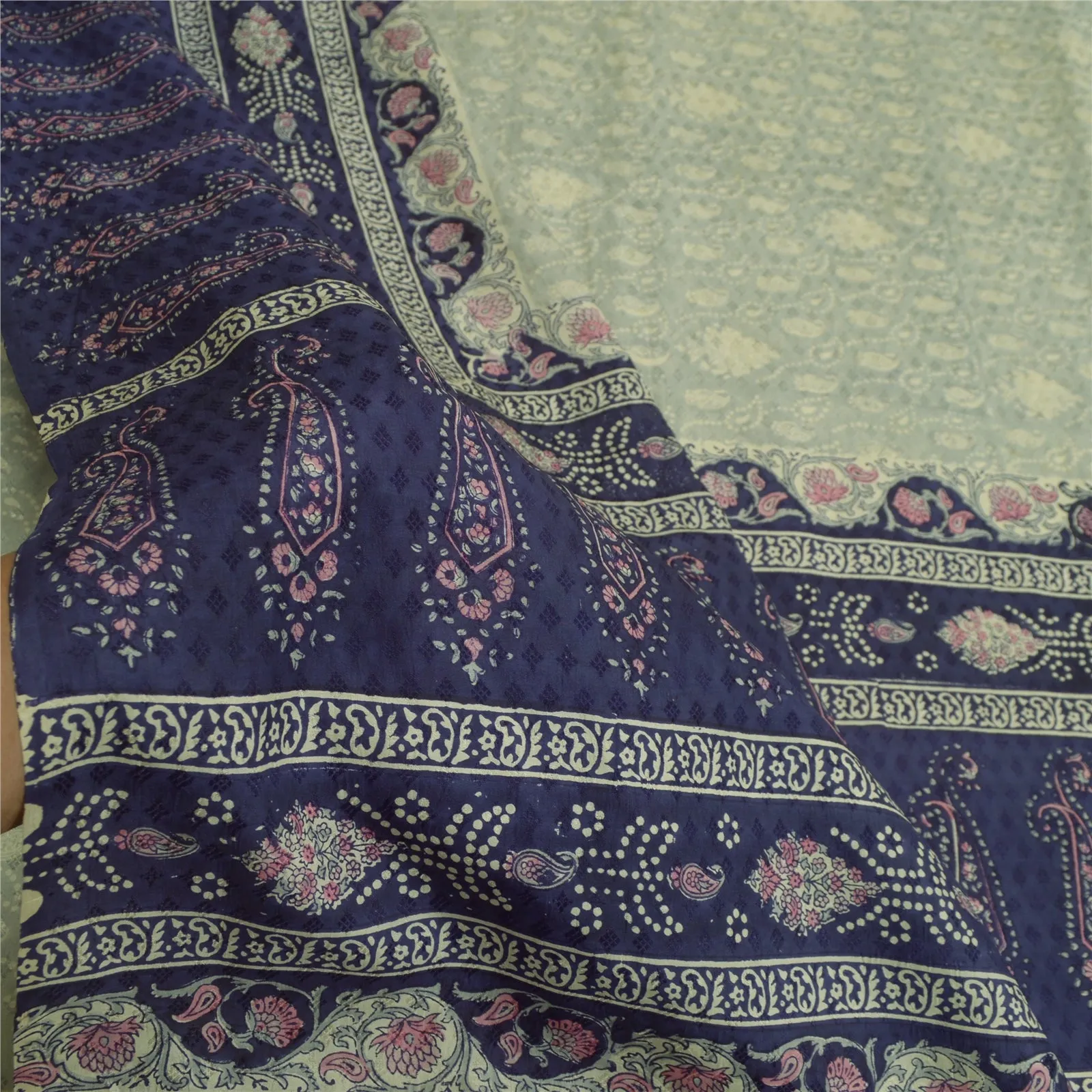 Sanskriti Vintage Sarees Gray/Blue 100% Pure Silk Printed Sari Soft Craft Fabric