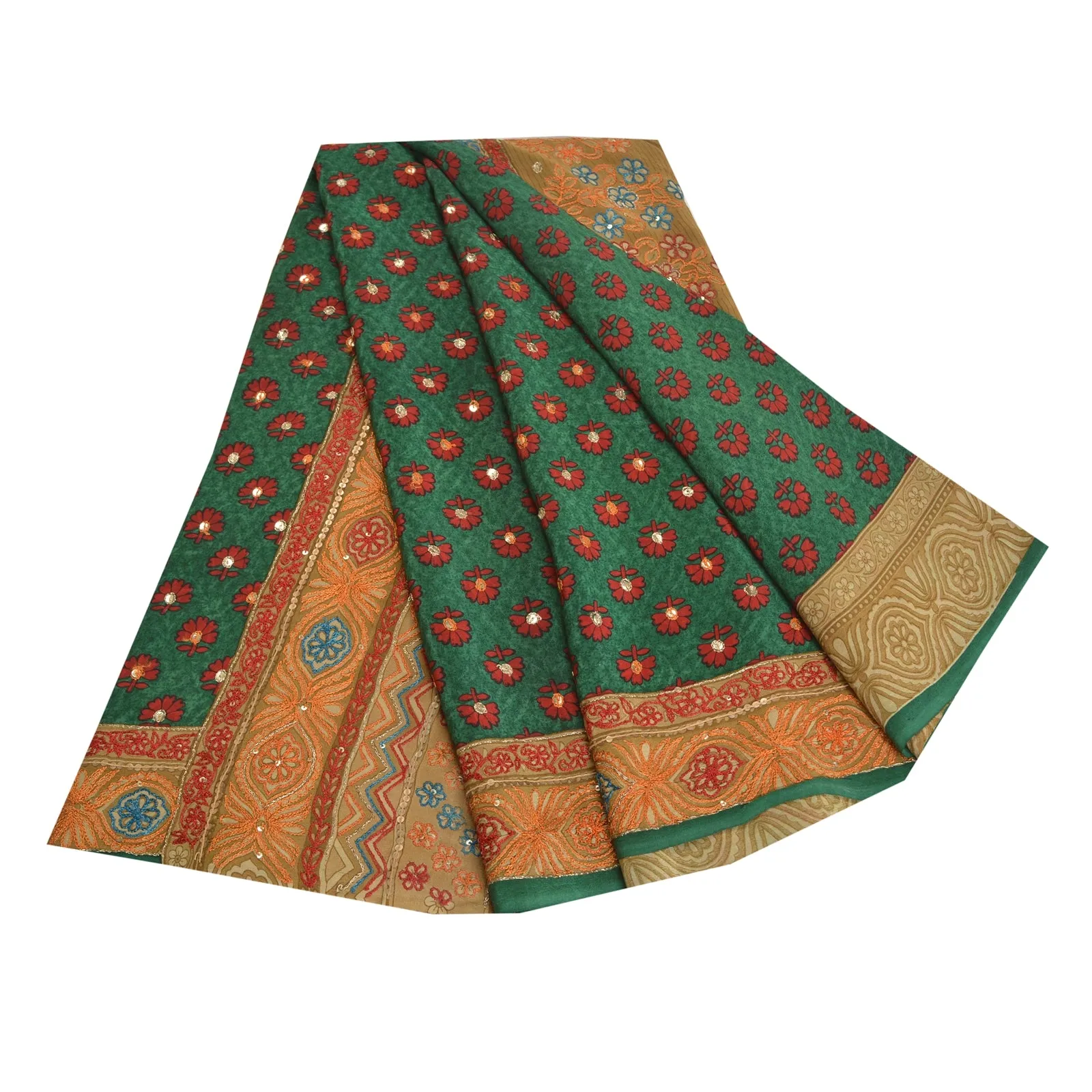 Sanskriti Vintage Sarees Green Hand Beaded Pure Crepe Silk Sari 5yd Craft Fabric