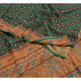 Sanskriti Vintage Sarees Green Hand Beaded Pure Crepe Silk Sari 5yd Craft Fabric