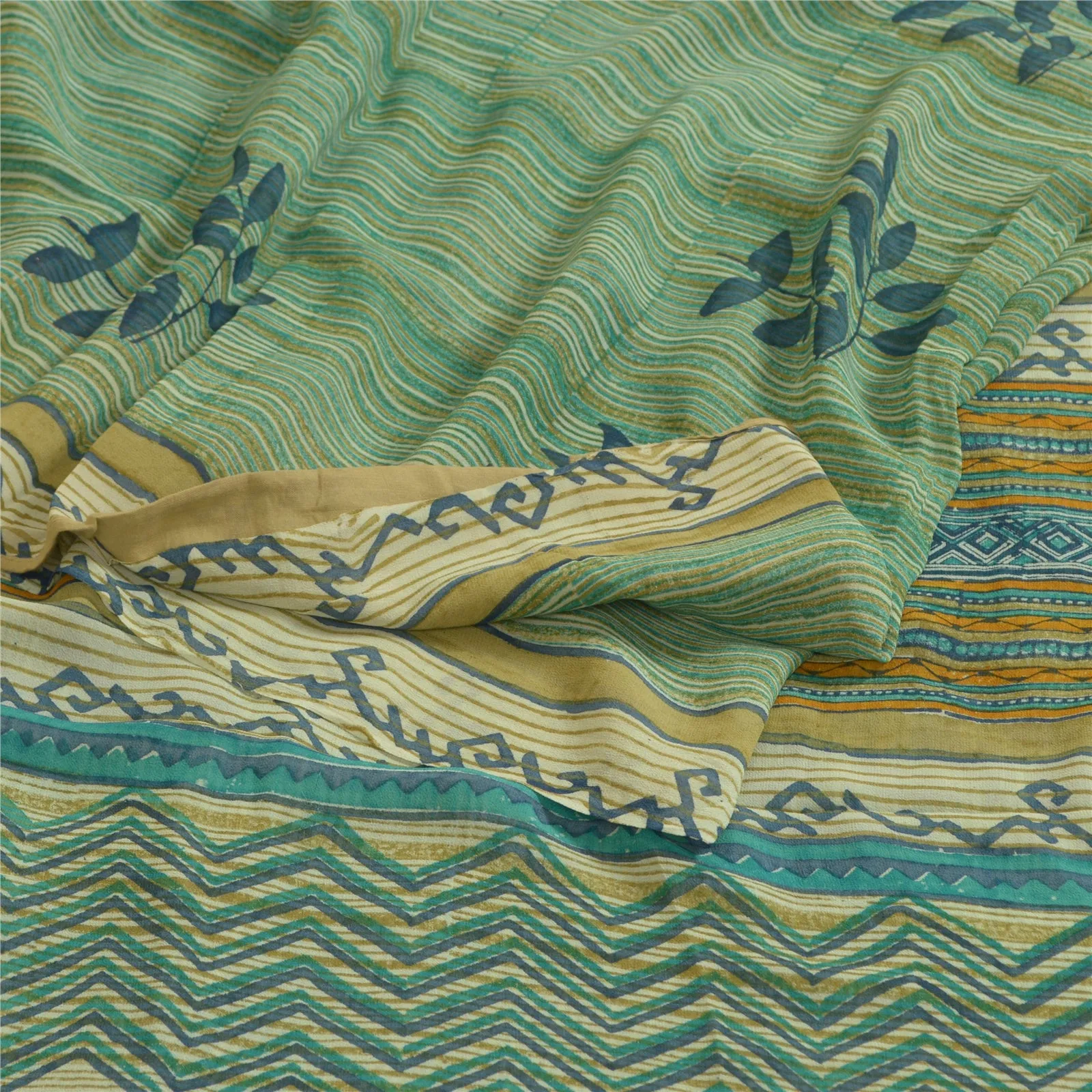 Sanskriti Vintage Sarees Green/Blue Pure Georgette Silk Printed Sari 5yd Fabric