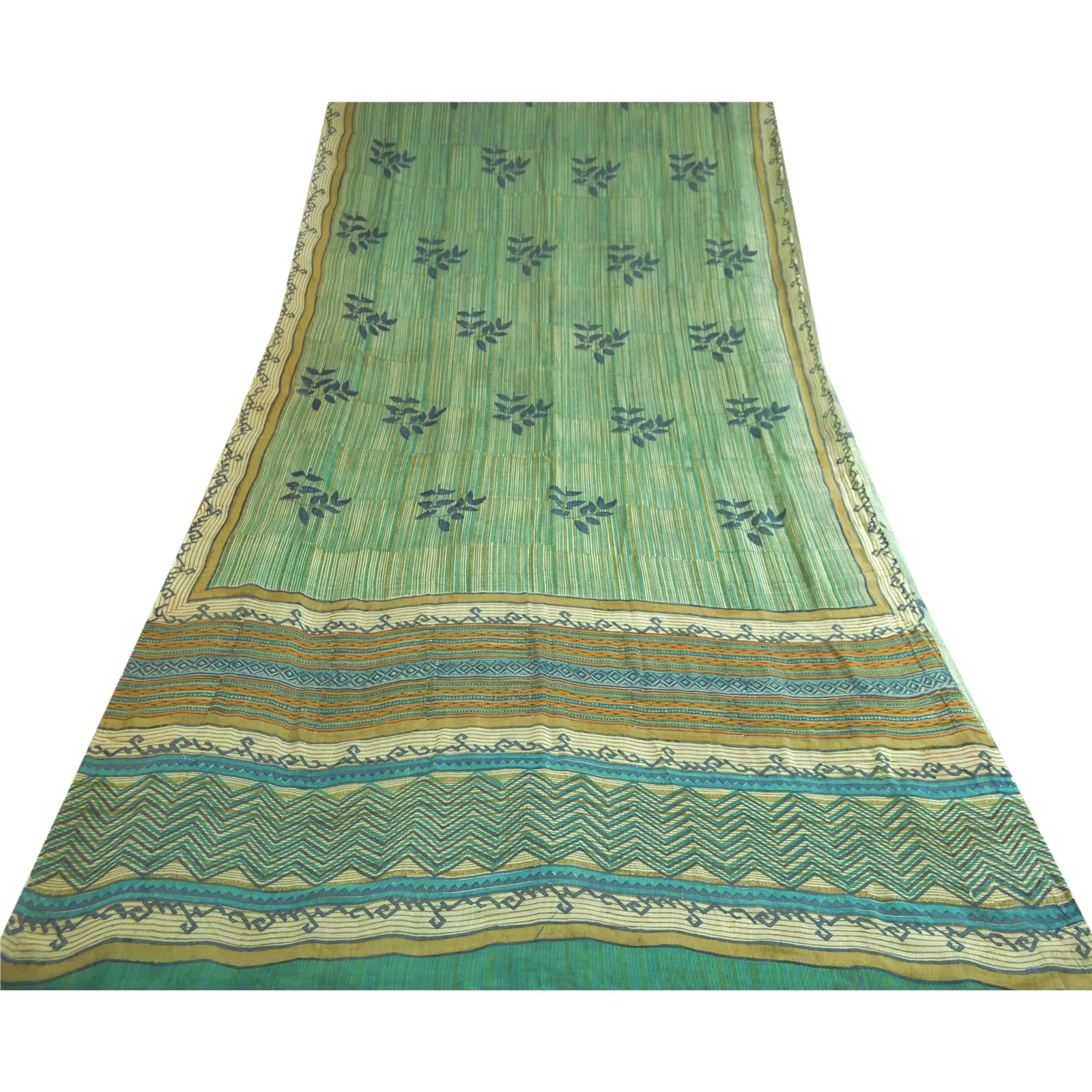 Sanskriti Vintage Sarees Green/Blue Pure Georgette Silk Printed Sari 5yd Fabric