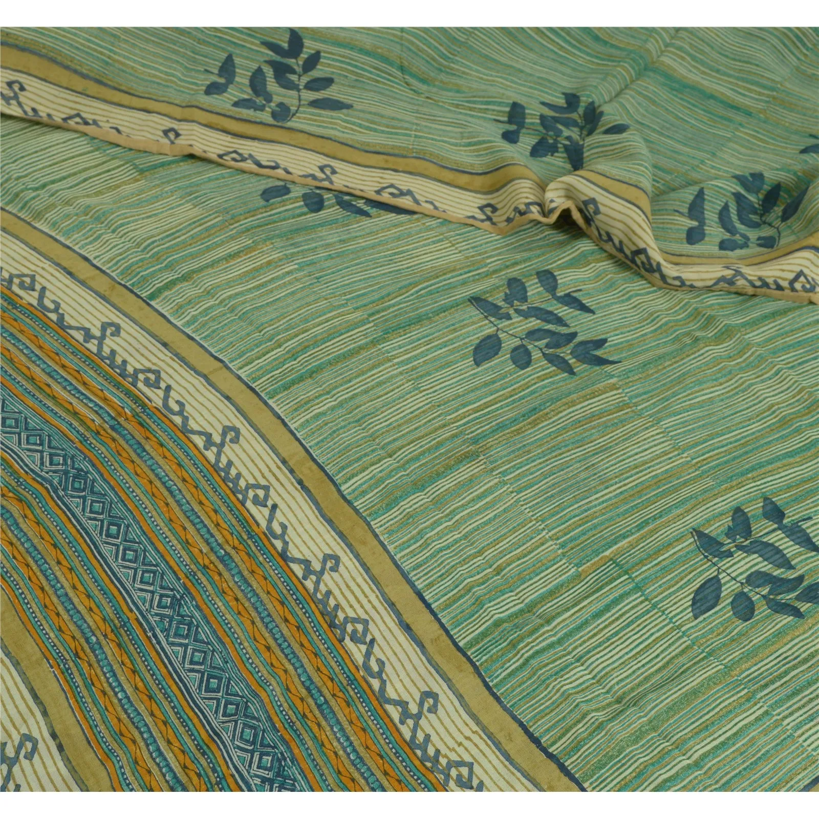 Sanskriti Vintage Sarees Green/Blue Pure Georgette Silk Printed Sari 5yd Fabric