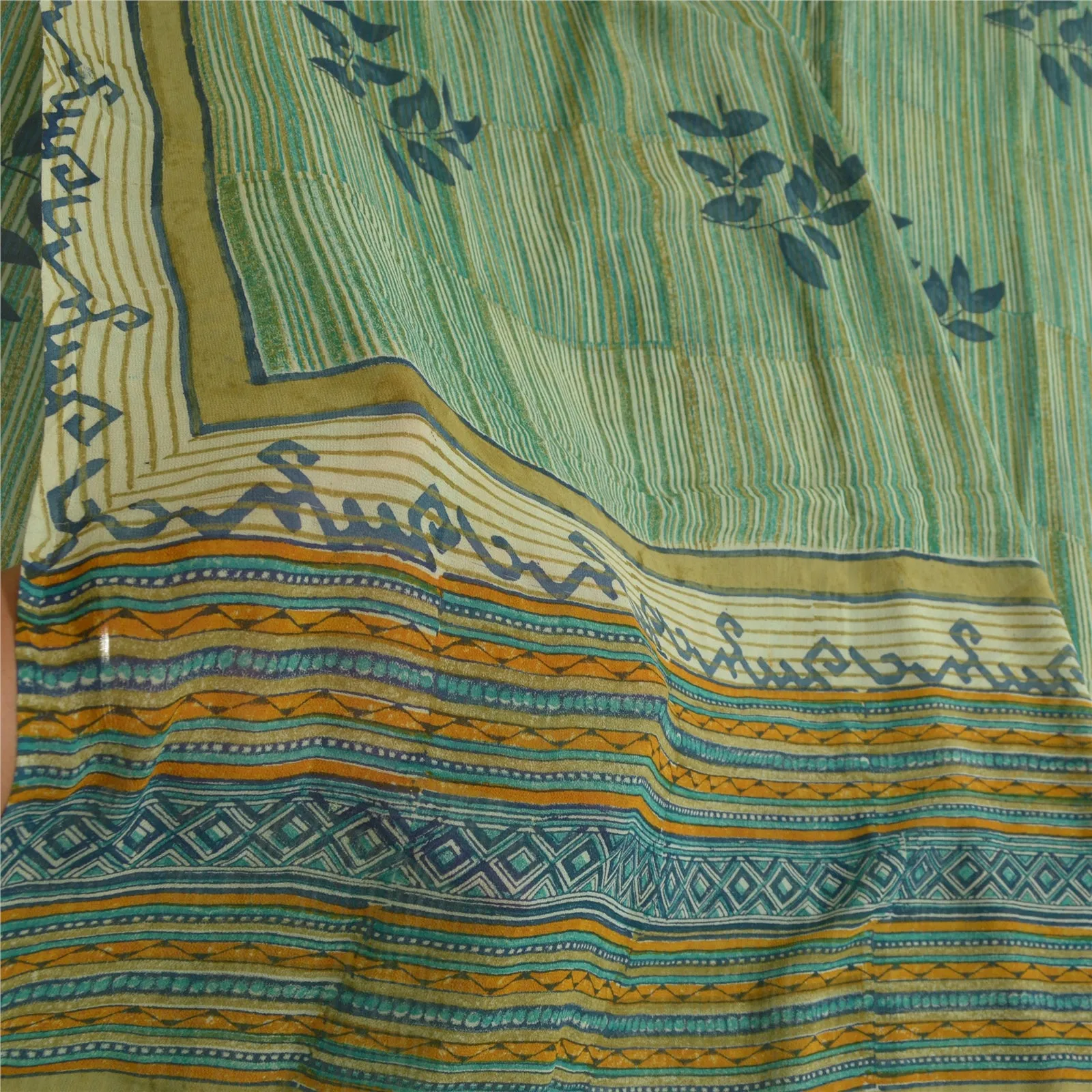 Sanskriti Vintage Sarees Green/Blue Pure Georgette Silk Printed Sari 5yd Fabric