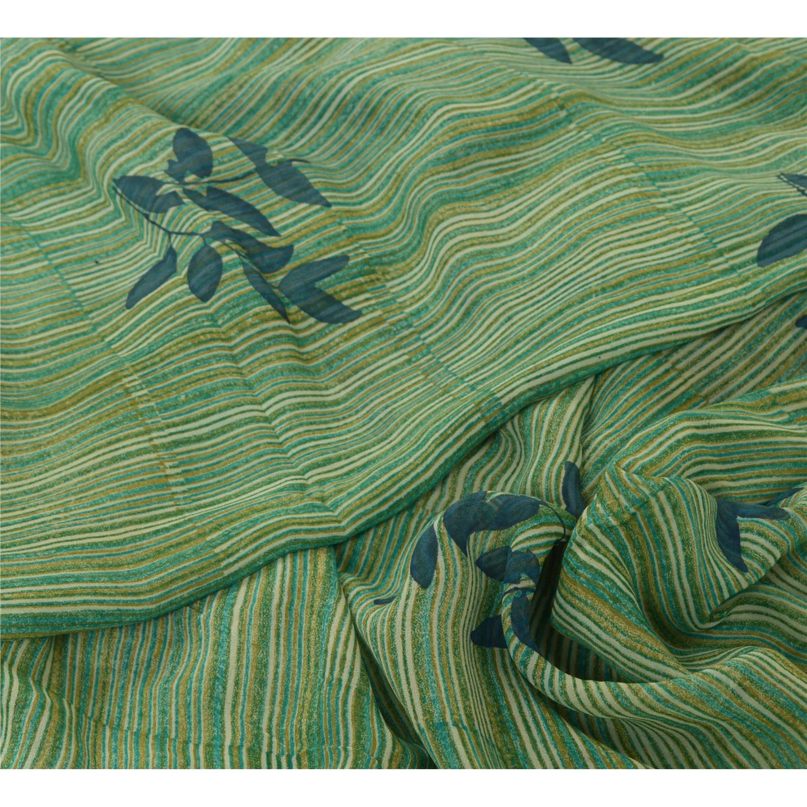 Sanskriti Vintage Sarees Green/Blue Pure Georgette Silk Printed Sari 5yd Fabric