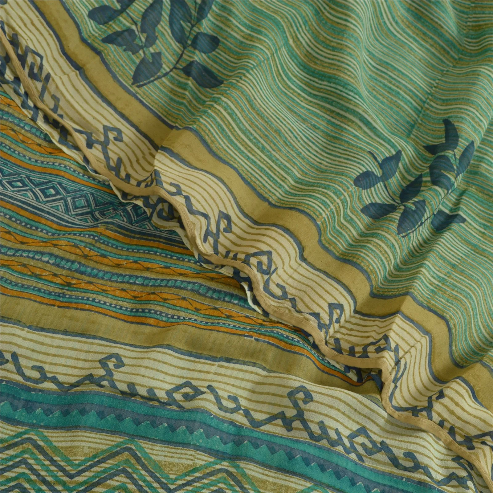 Sanskriti Vintage Sarees Green/Blue Pure Georgette Silk Printed Sari 5yd Fabric