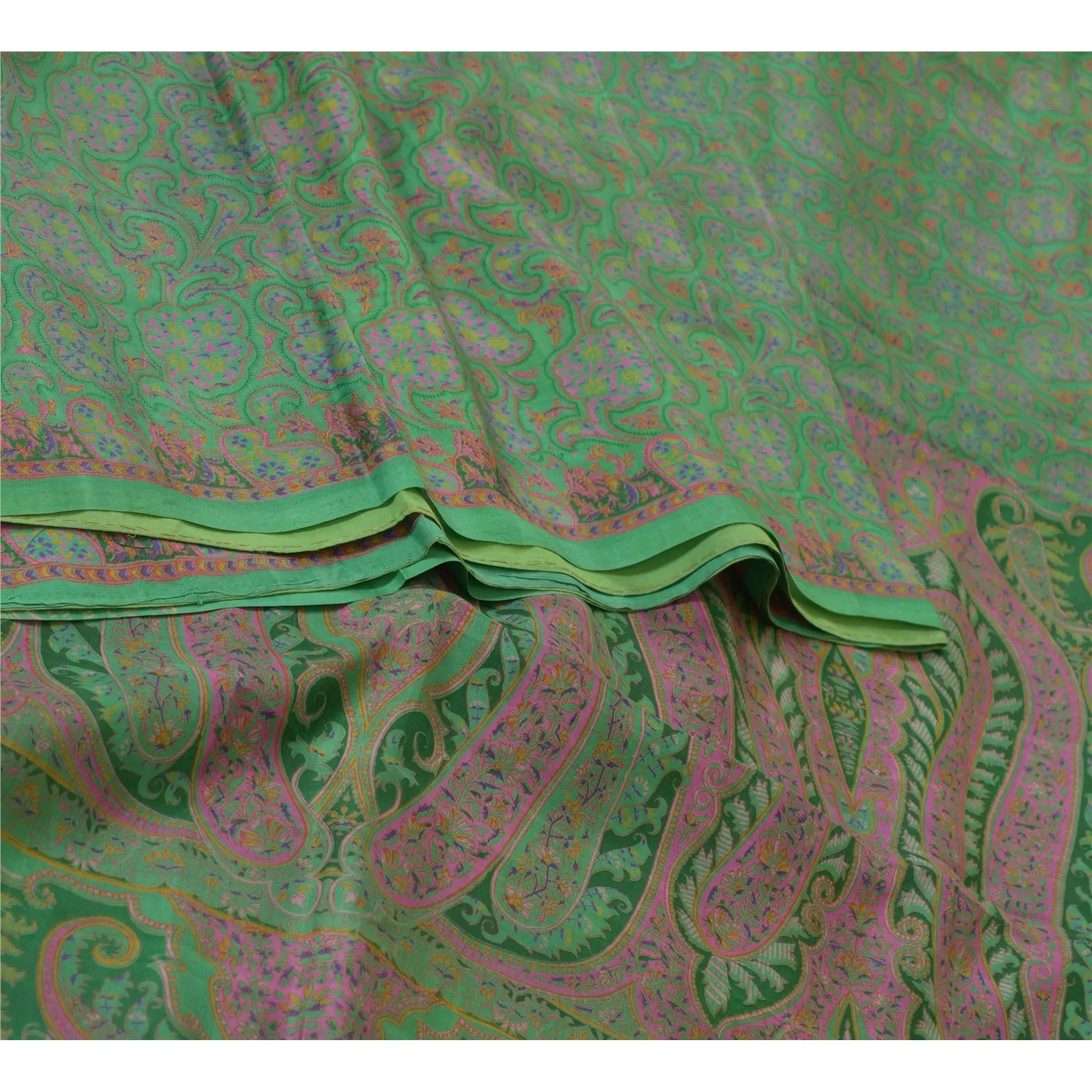 Sanskriti Vintage Sarees Indian Green Printed 100% Pure Silk Sari Craft Fabric