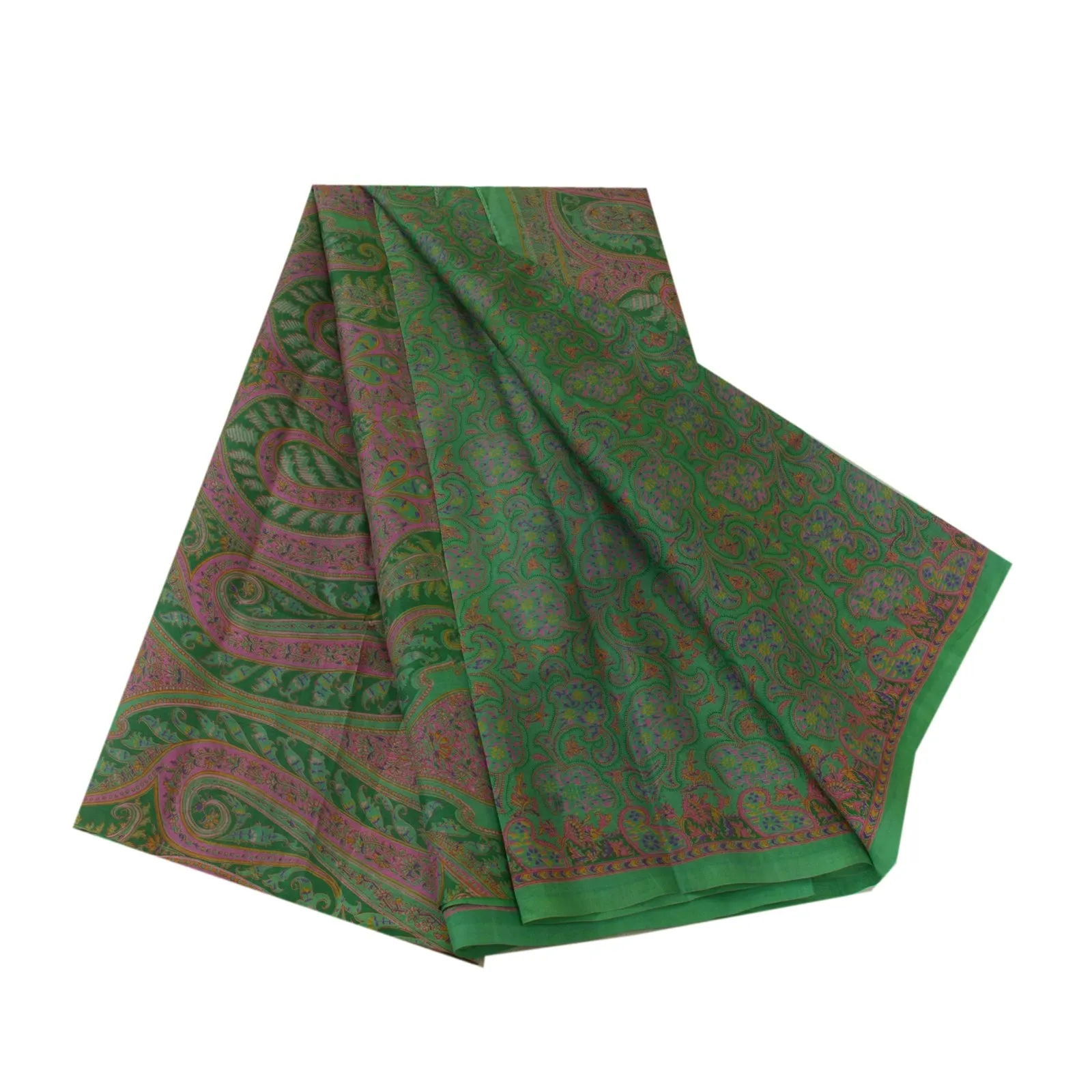 Sanskriti Vintage Sarees Indian Green Printed 100% Pure Silk Sari Craft Fabric