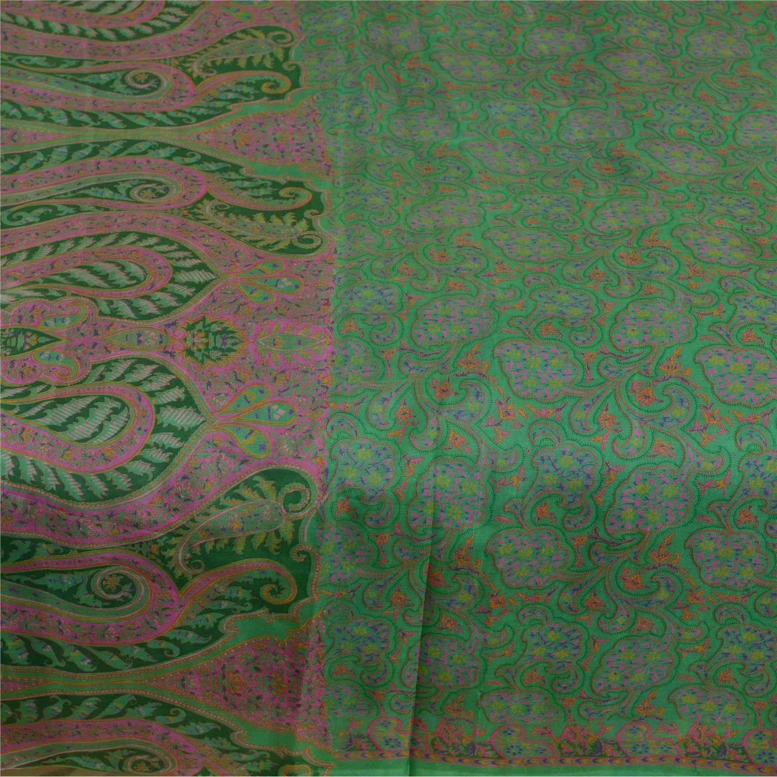 Sanskriti Vintage Sarees Indian Green Printed 100% Pure Silk Sari Craft Fabric