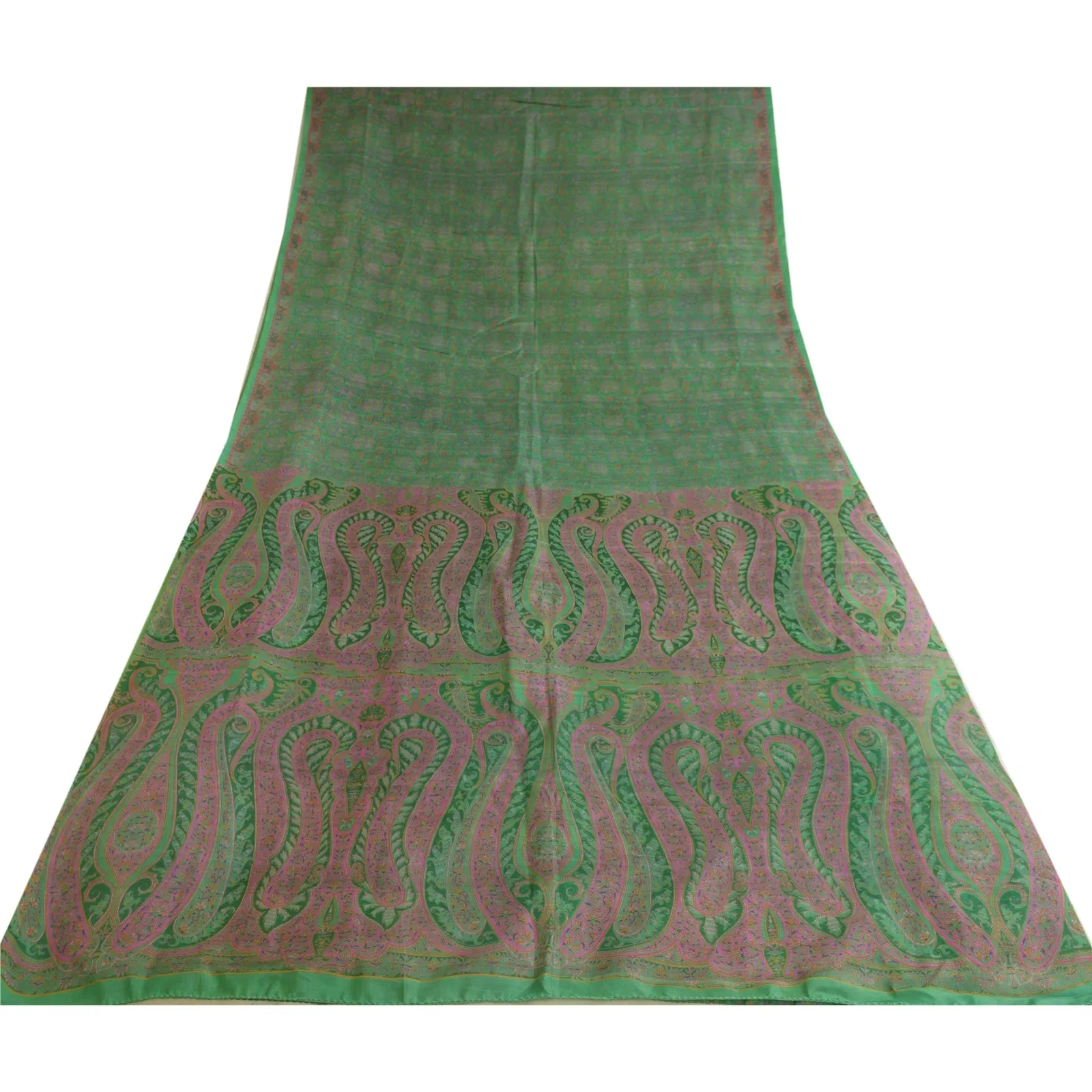 Sanskriti Vintage Sarees Indian Green Printed 100% Pure Silk Sari Craft Fabric