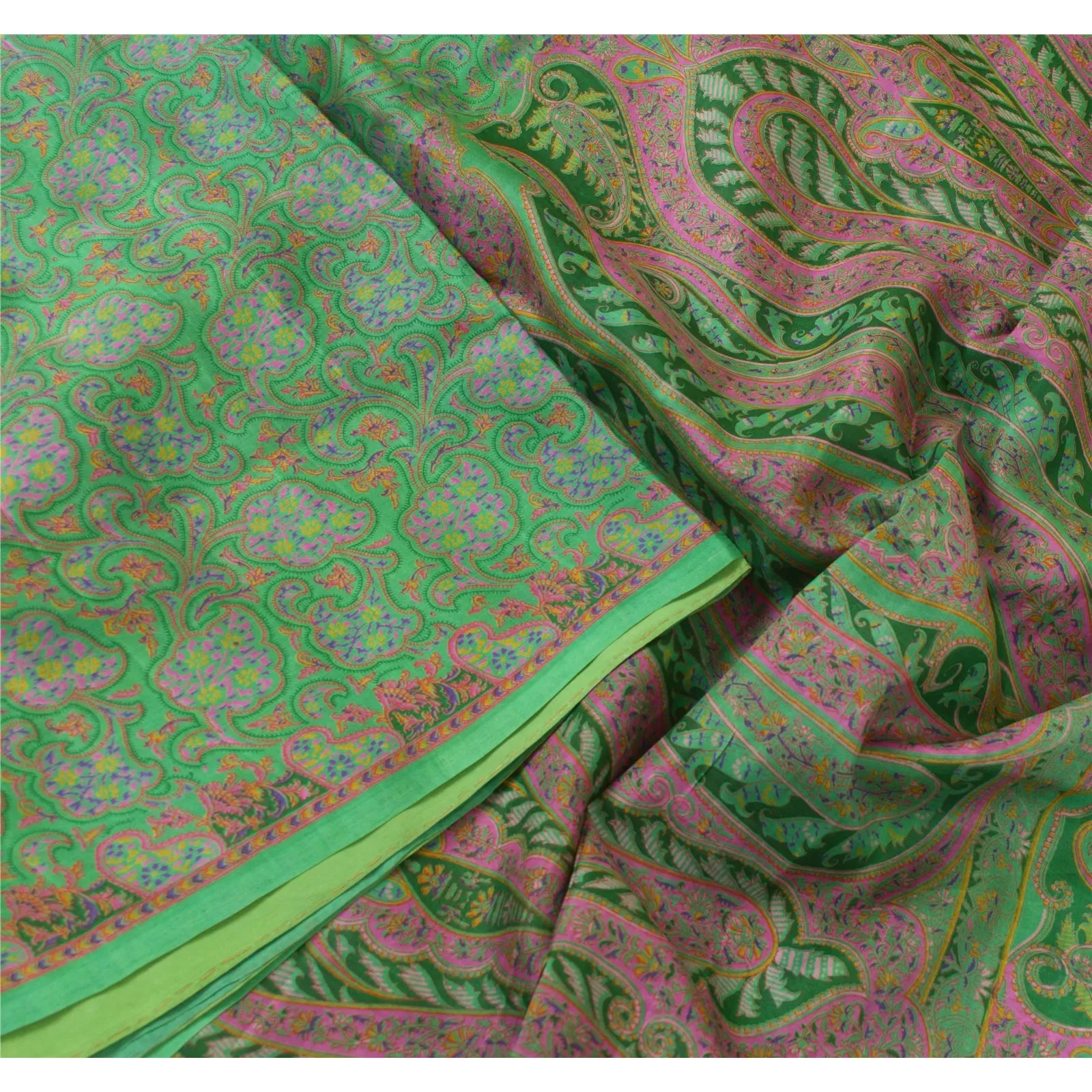 Sanskriti Vintage Sarees Indian Green Printed 100% Pure Silk Sari Craft Fabric