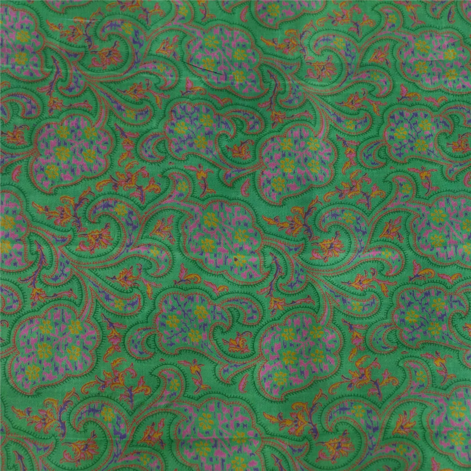 Sanskriti Vintage Sarees Indian Green Printed 100% Pure Silk Sari Craft Fabric