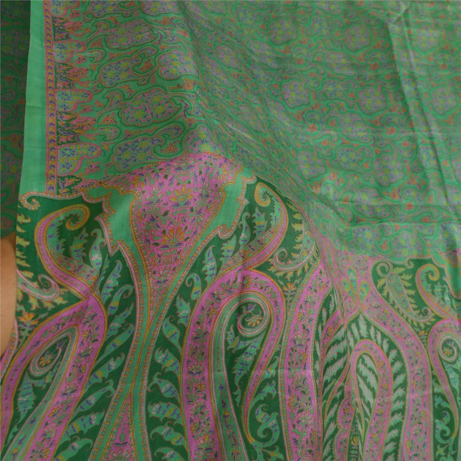 Sanskriti Vintage Sarees Indian Green Printed 100% Pure Silk Sari Craft Fabric