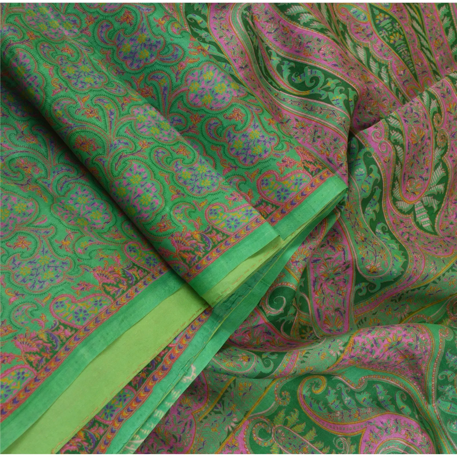 Sanskriti Vintage Sarees Indian Green Printed 100% Pure Silk Sari Craft Fabric