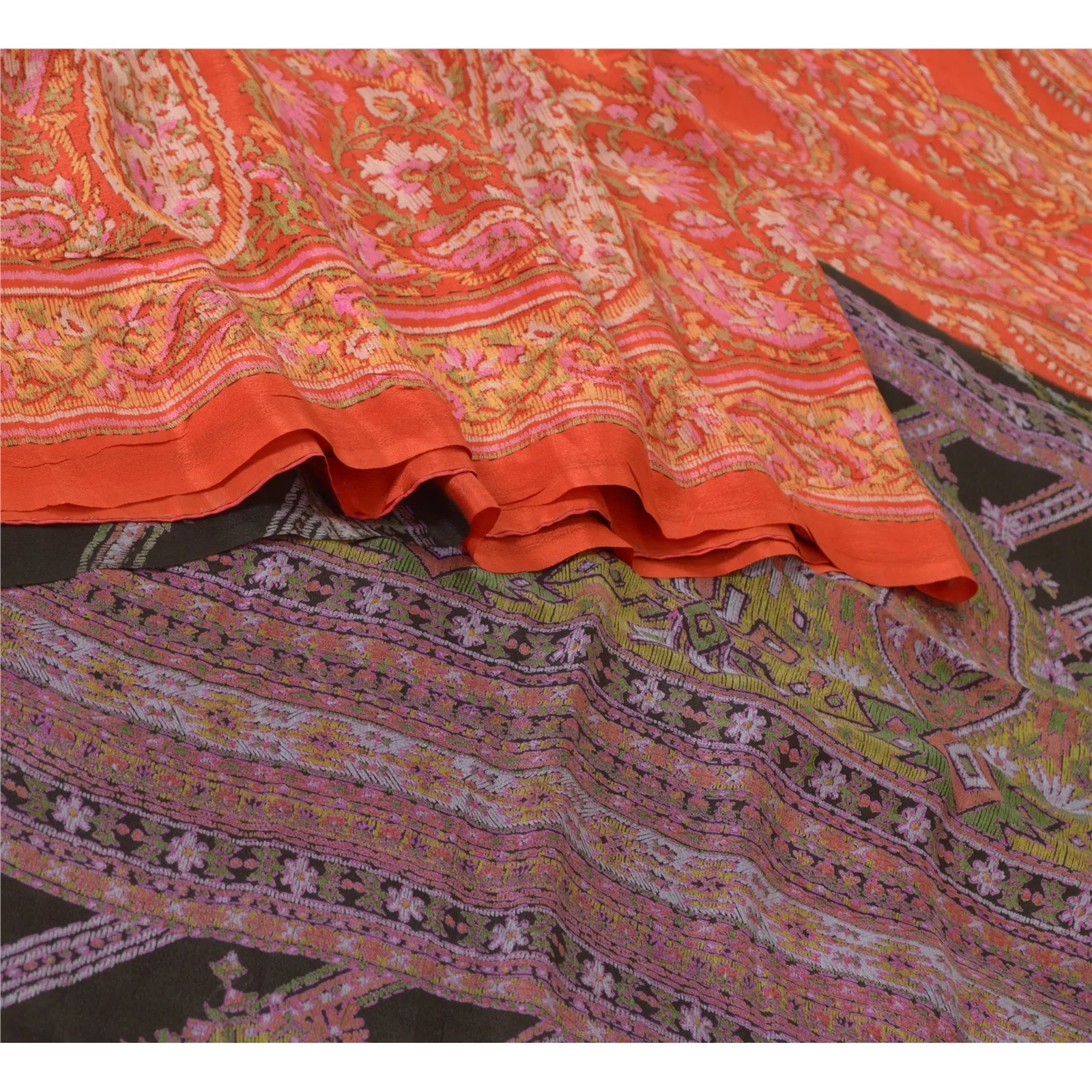 Sanskriti Vintage Sarees Indian Orange Printed 100% Pure Silk Sari Craft Fabric