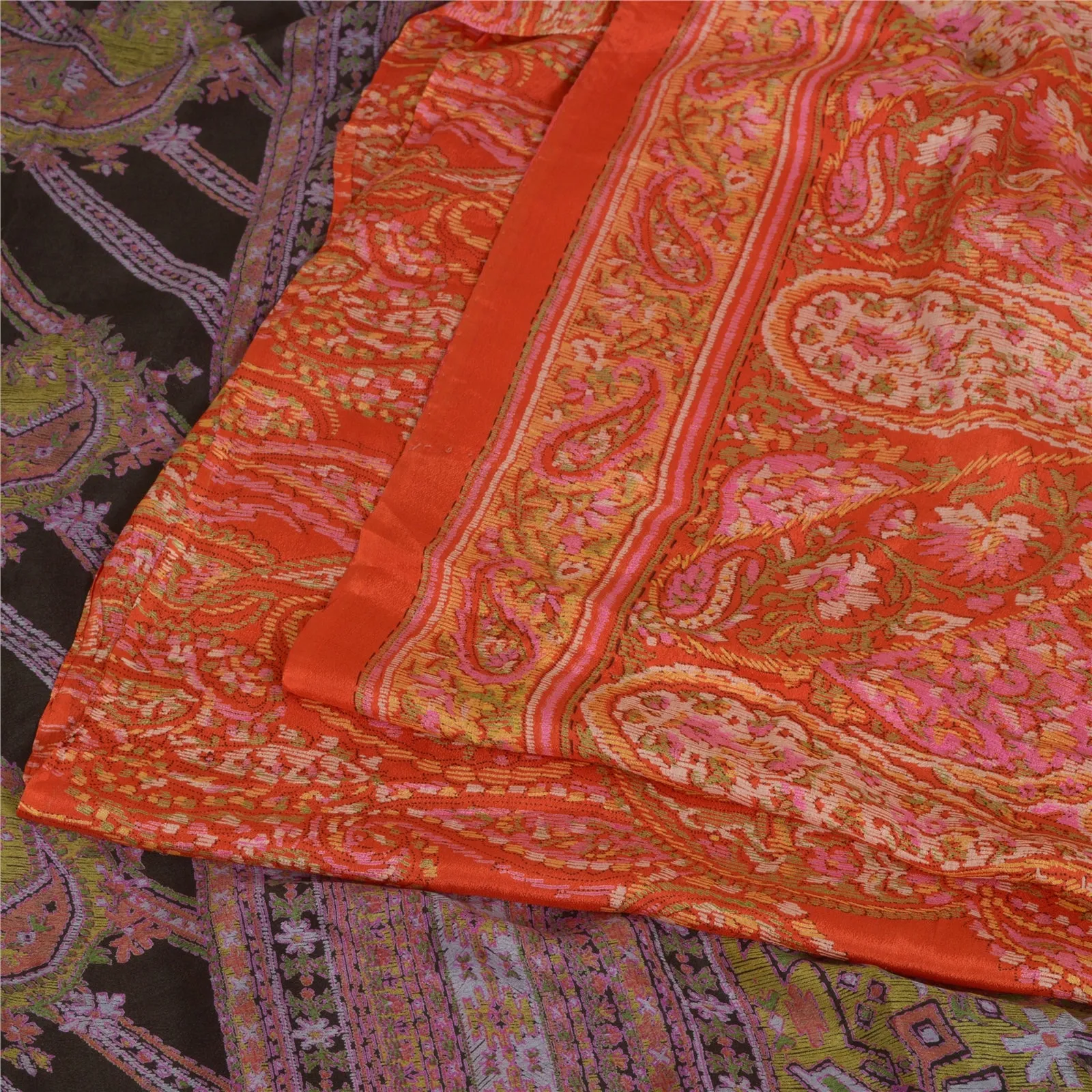 Sanskriti Vintage Sarees Indian Orange Printed 100% Pure Silk Sari Craft Fabric