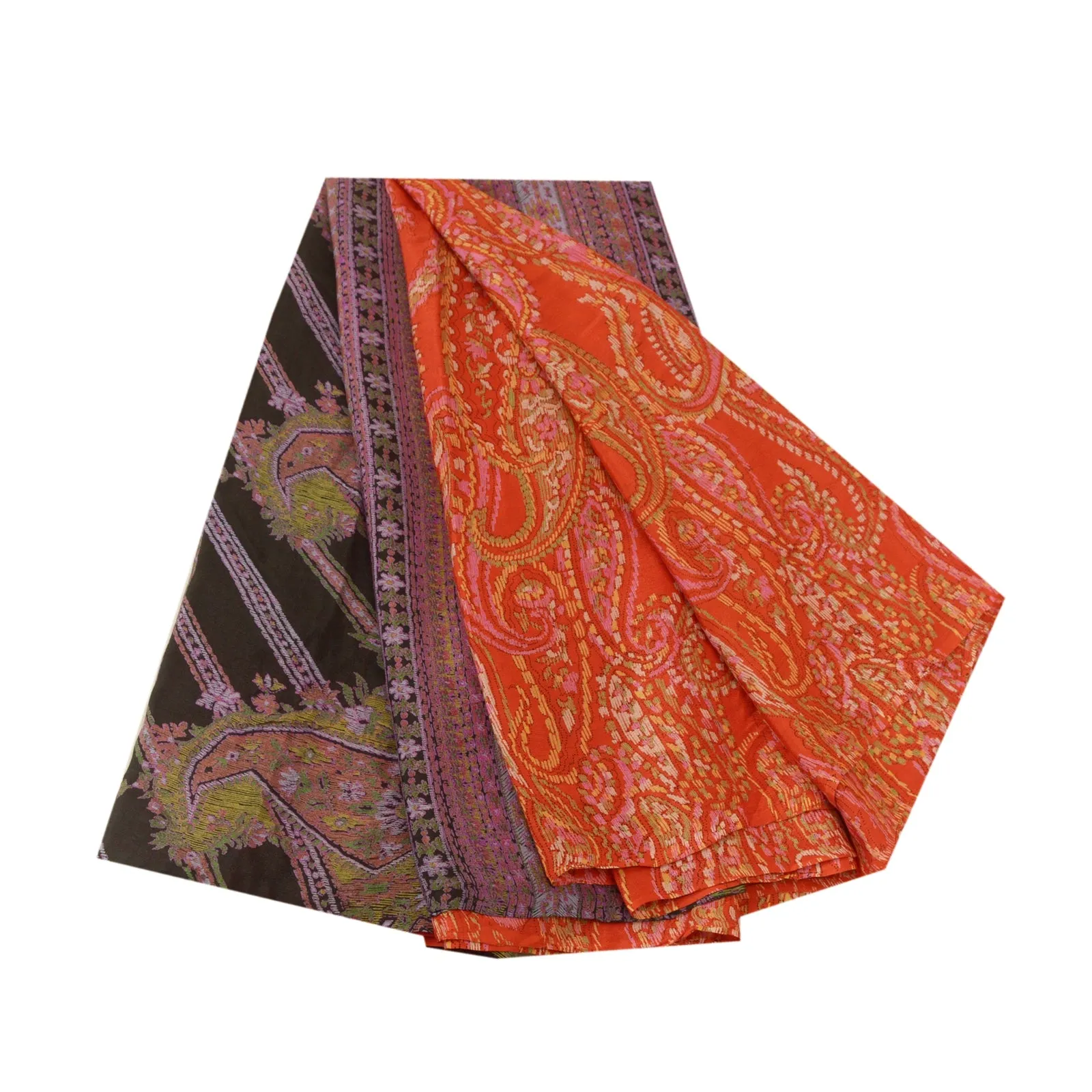 Sanskriti Vintage Sarees Indian Orange Printed 100% Pure Silk Sari Craft Fabric