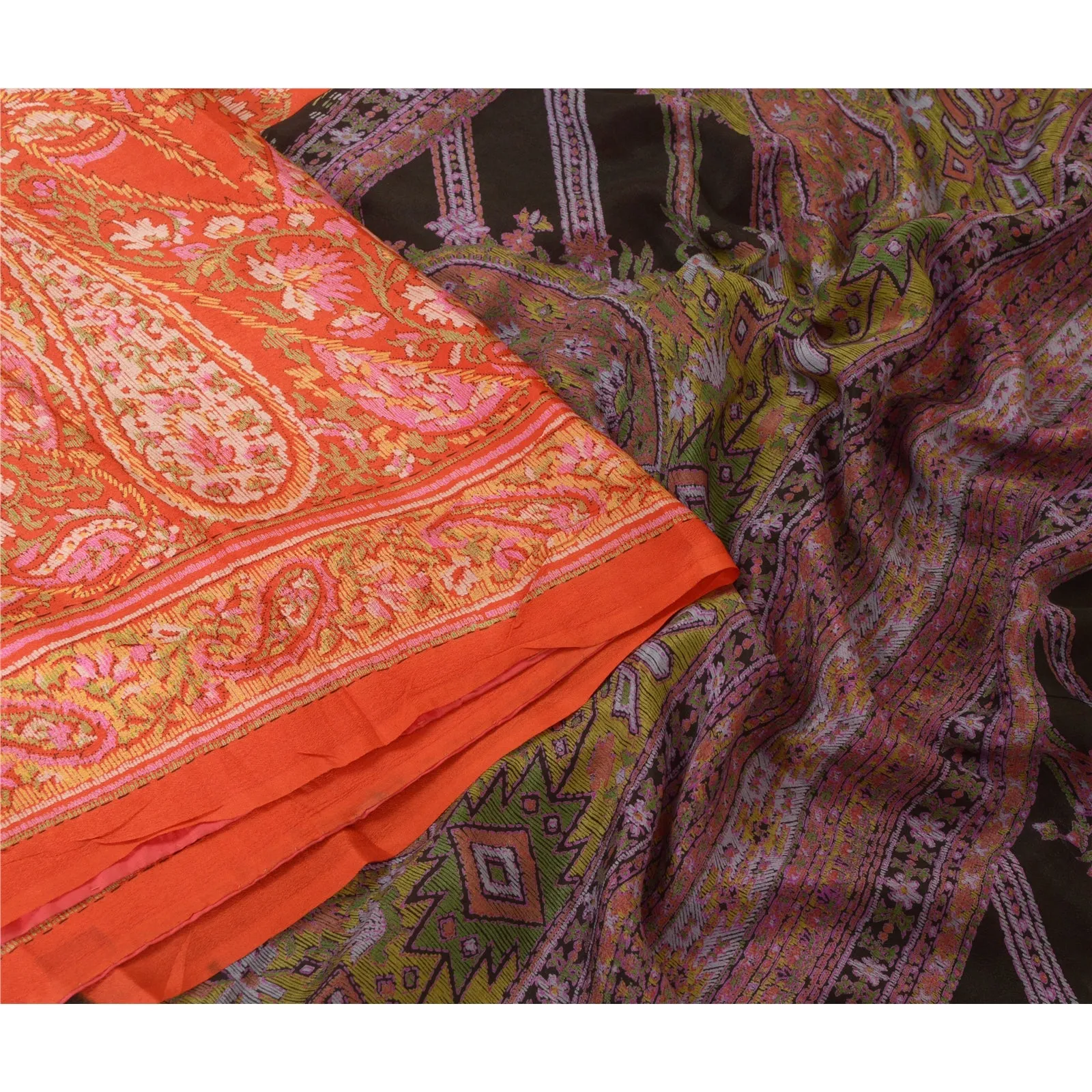 Sanskriti Vintage Sarees Indian Orange Printed 100% Pure Silk Sari Craft Fabric