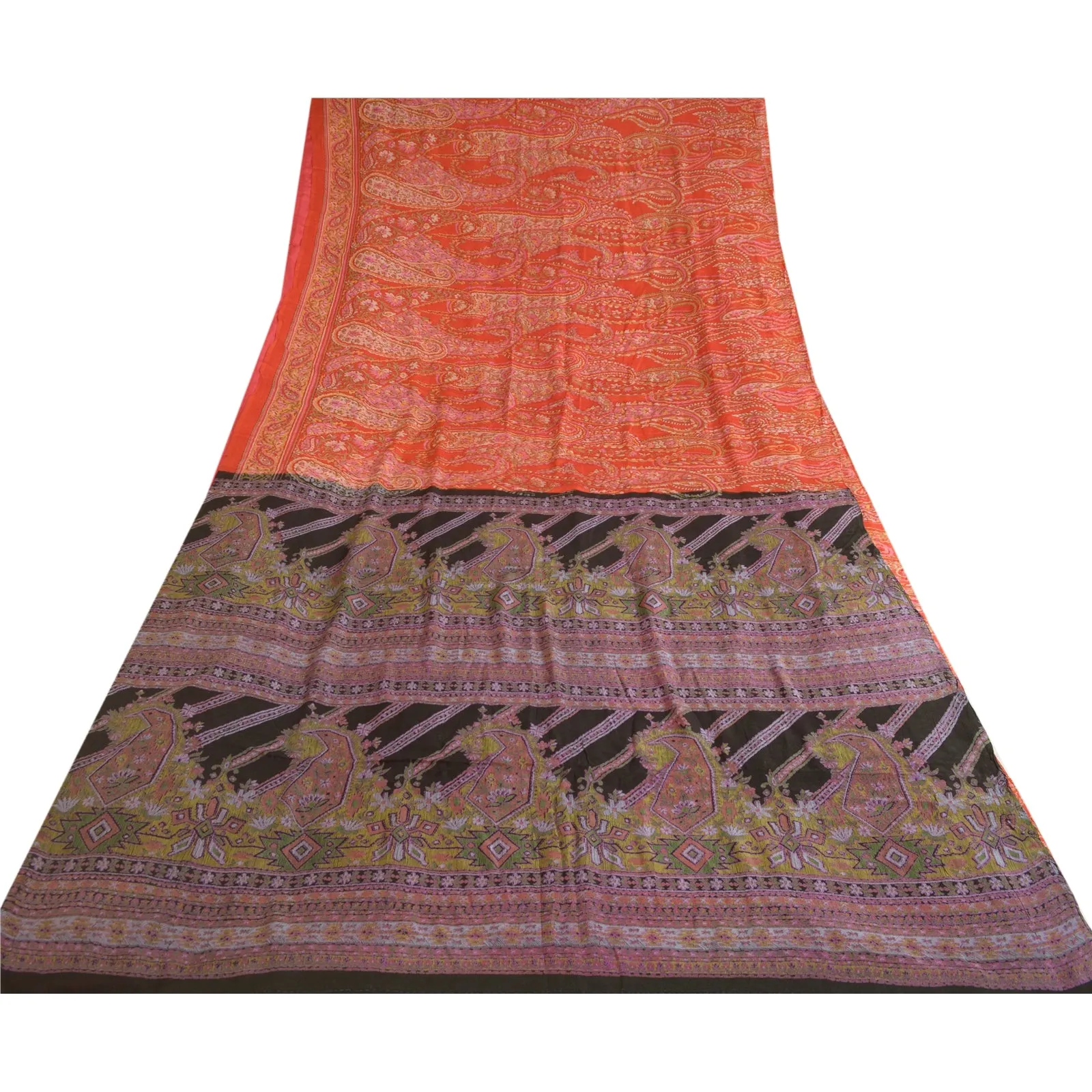 Sanskriti Vintage Sarees Indian Orange Printed 100% Pure Silk Sari Craft Fabric