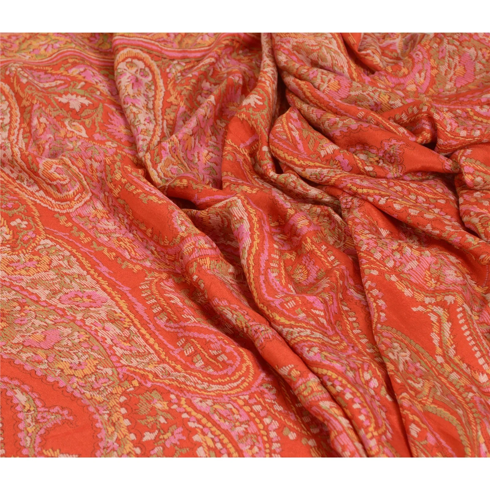 Sanskriti Vintage Sarees Indian Orange Printed 100% Pure Silk Sari Craft Fabric